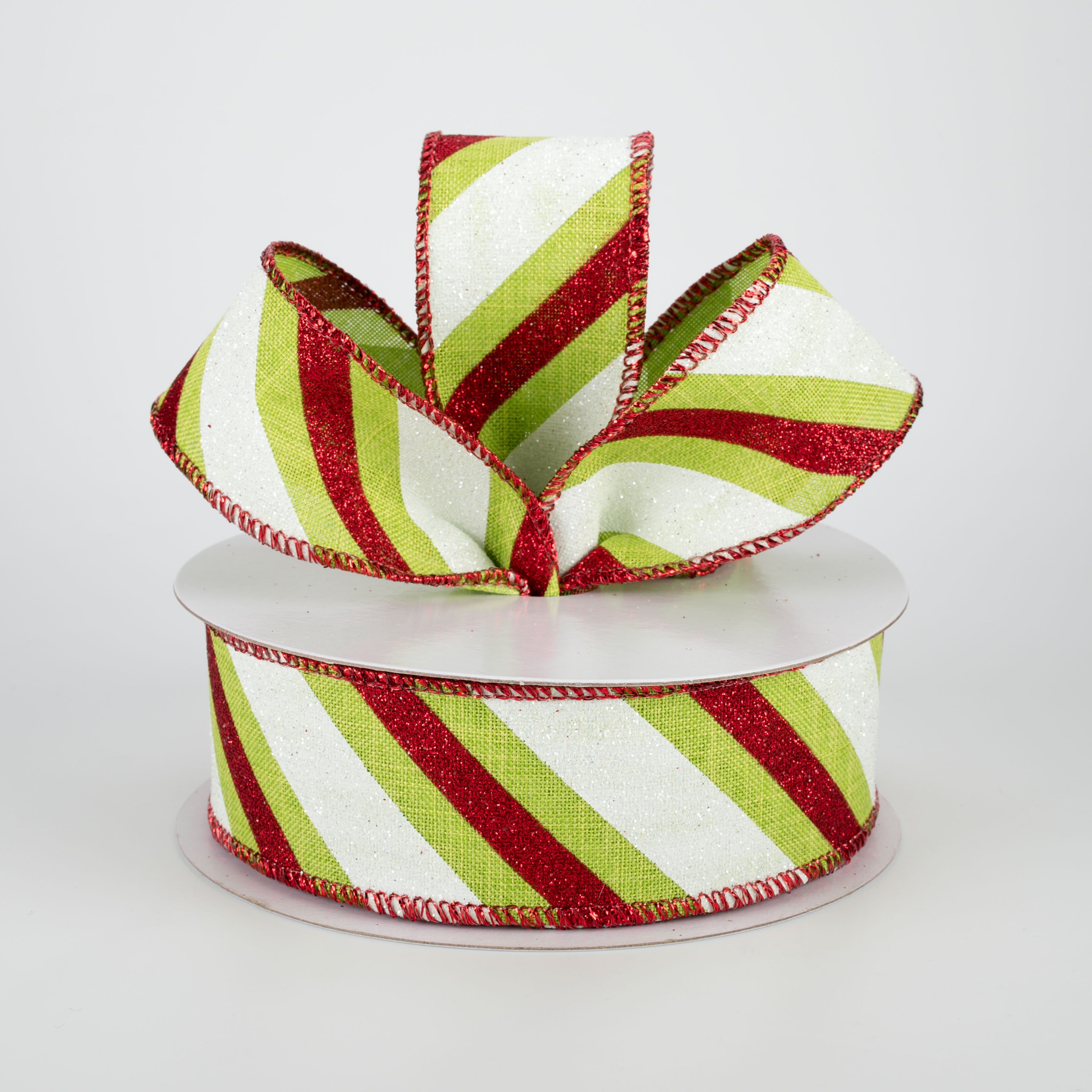1.5" Diagonal Glitter Stripe Ribbon: Red & Lime (10 Yards)