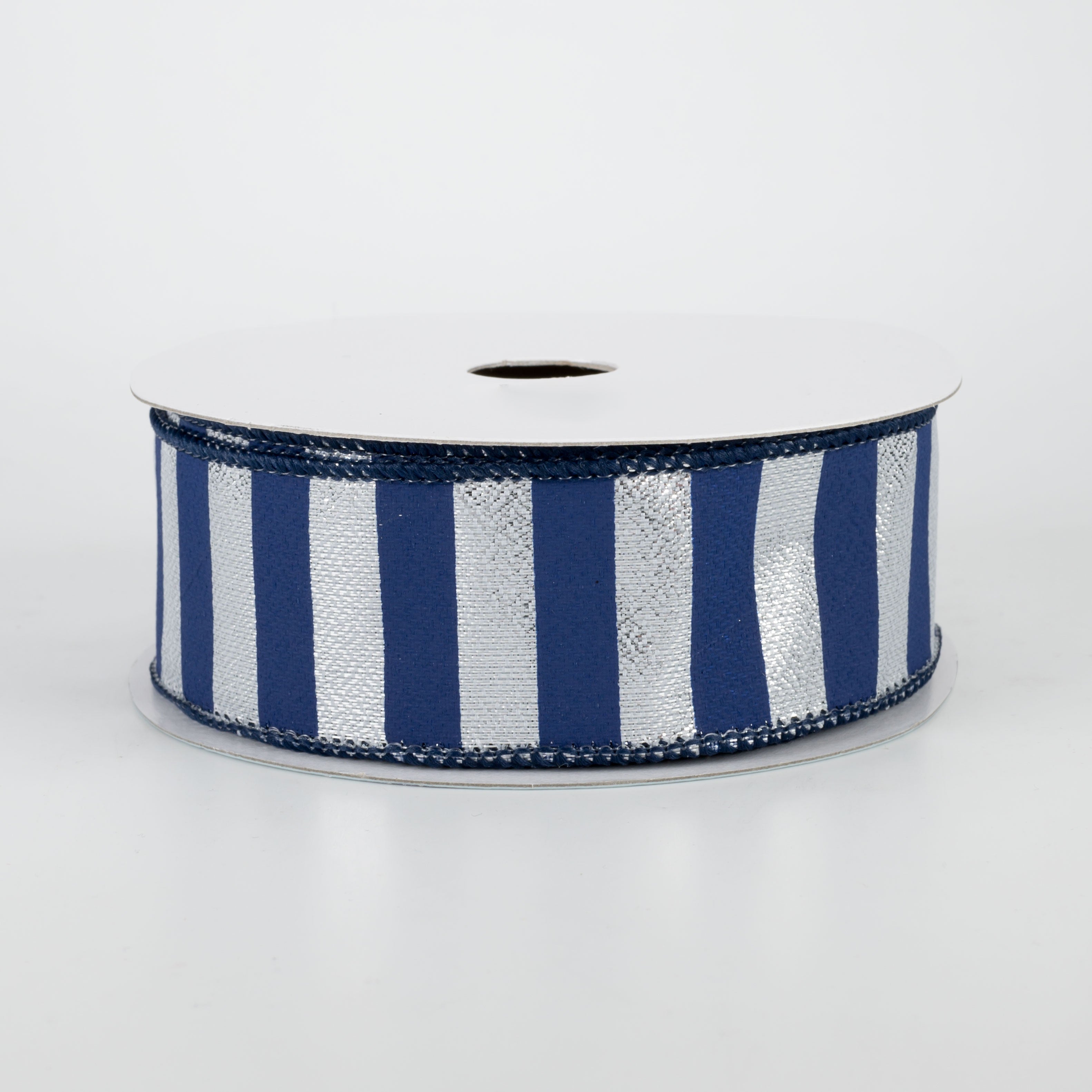 1.5" Medium Stripe Ribbon: Metallic Silver & Navy Blue (10 Yards)