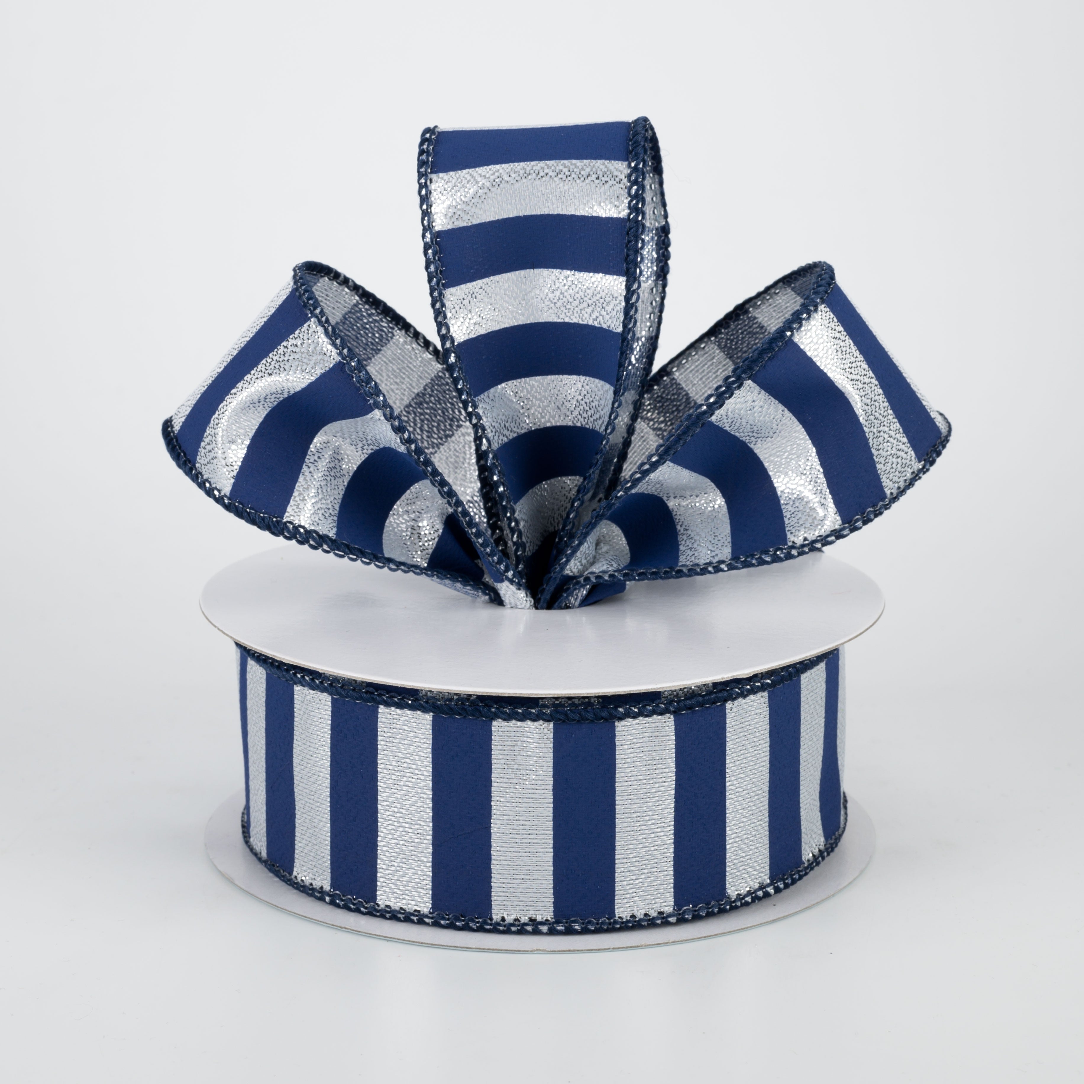 1.5" Medium Stripe Ribbon: Metallic Silver & Navy Blue (10 Yards)