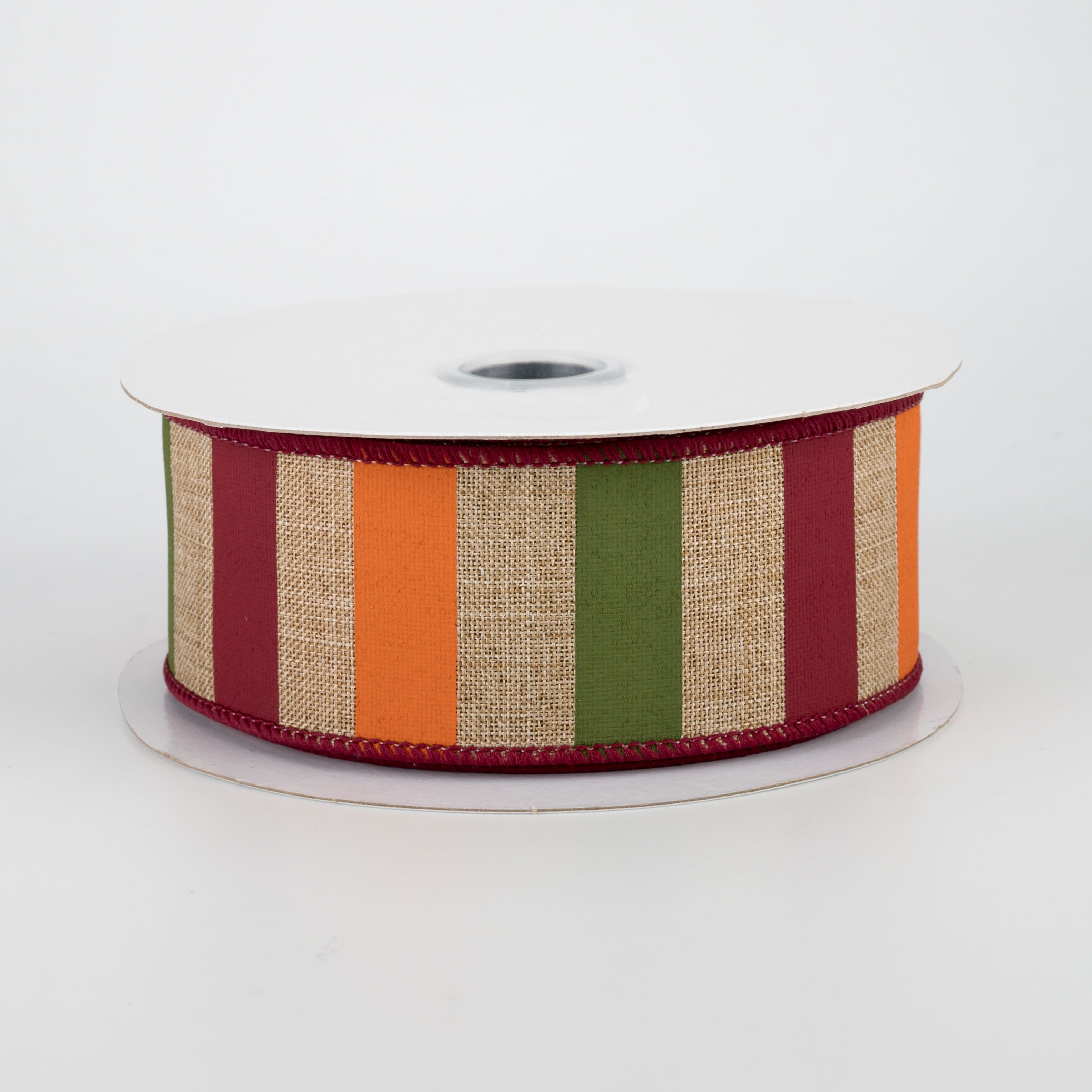 1.5" Horizontal Stripe Ribbon: Beige, Dark Moss, Burgundy, Orange (10 Yards)