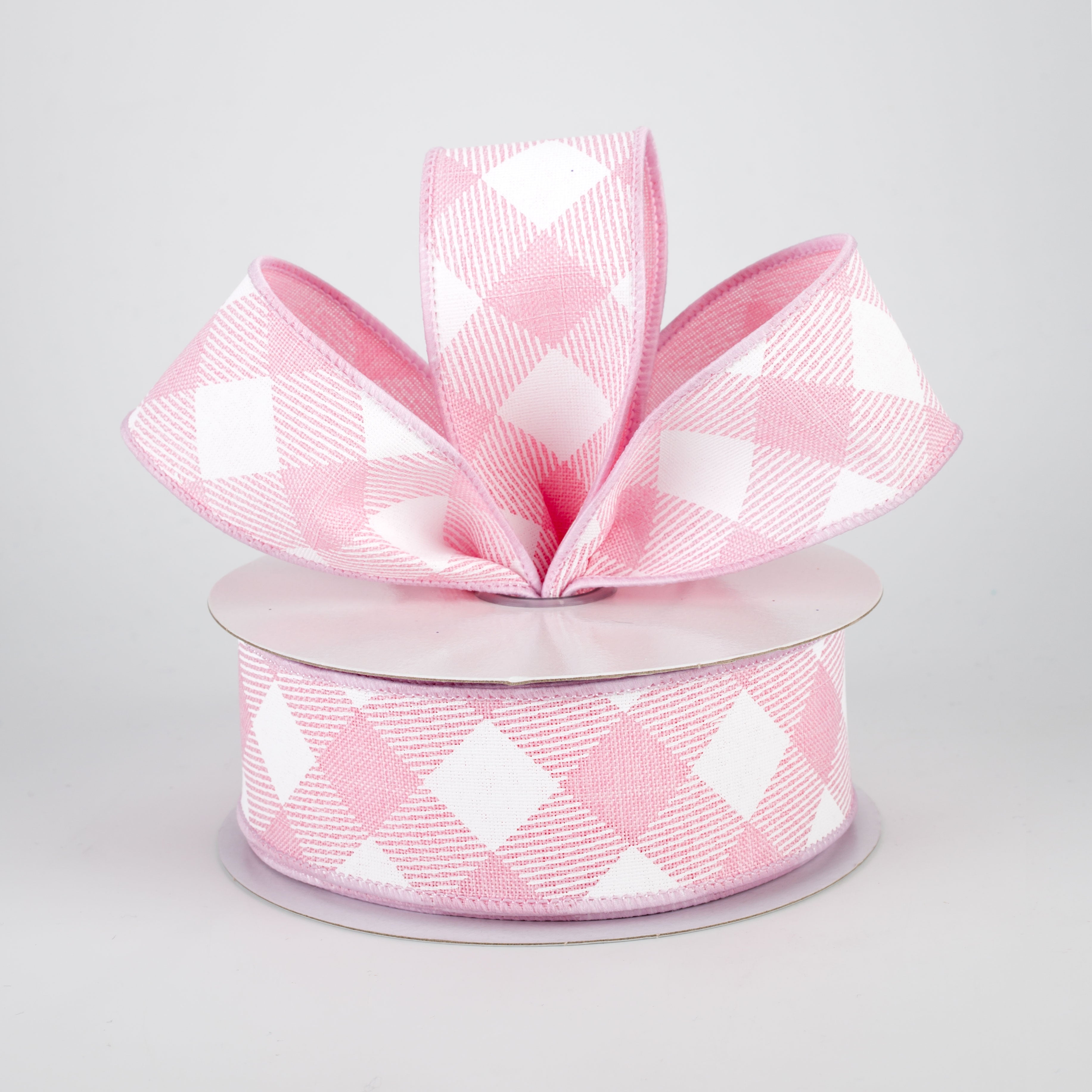 1.5" Diagonal Check Ribbon: Light Pink & White (10 Yards)