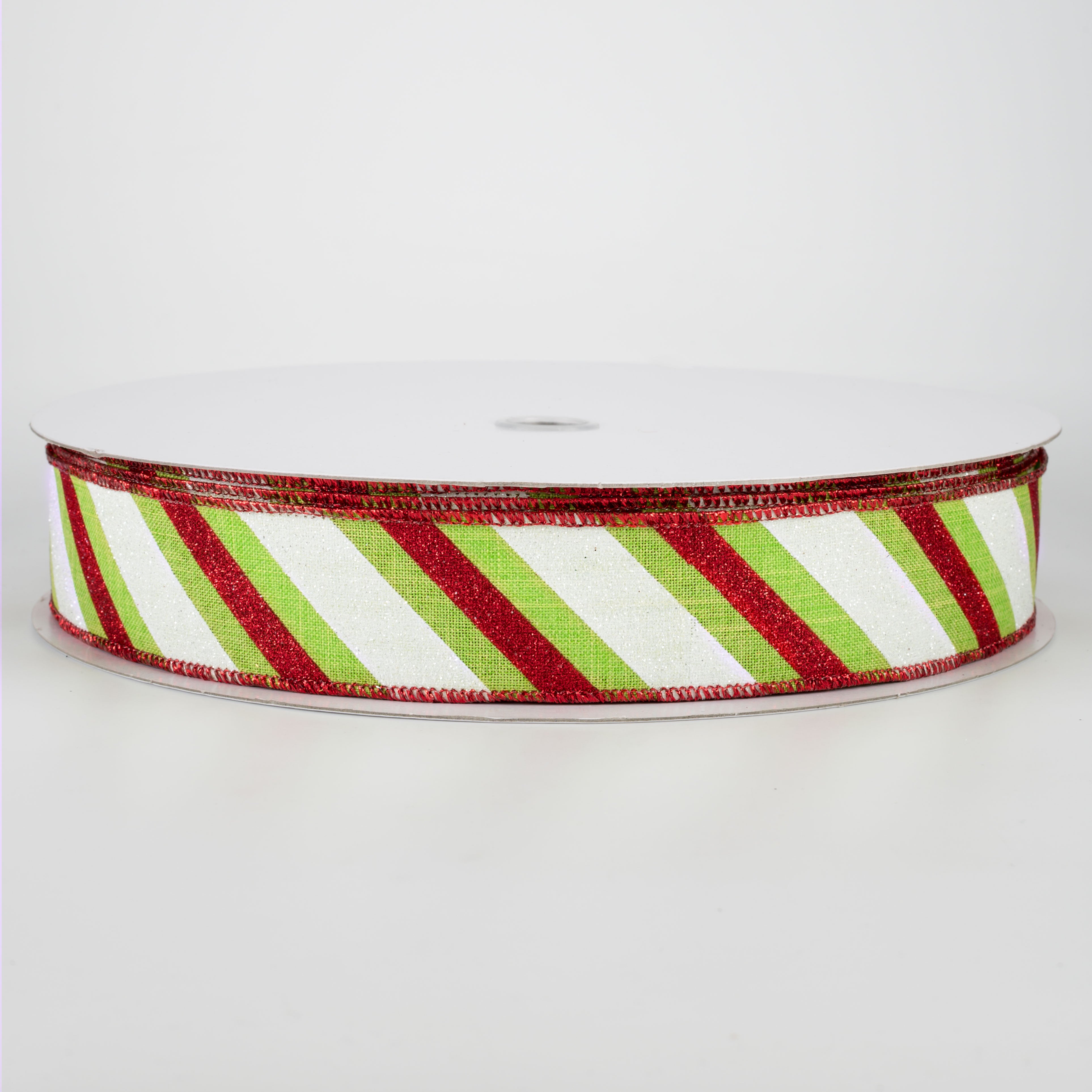 1.5" Diagonal Glitter Stripe Ribbon: Red & Lime (50 Yards)