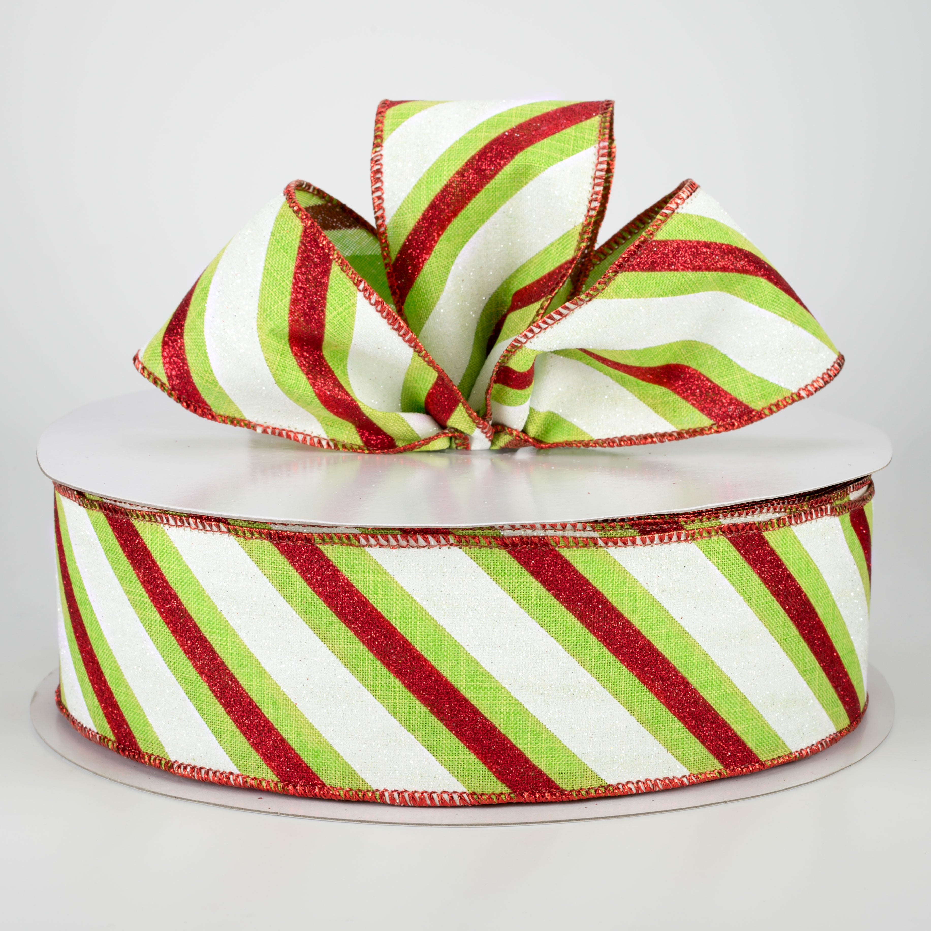 2.5" Diagonal Glitter Stripe Ribbon: Red & Lime (50 Yards)