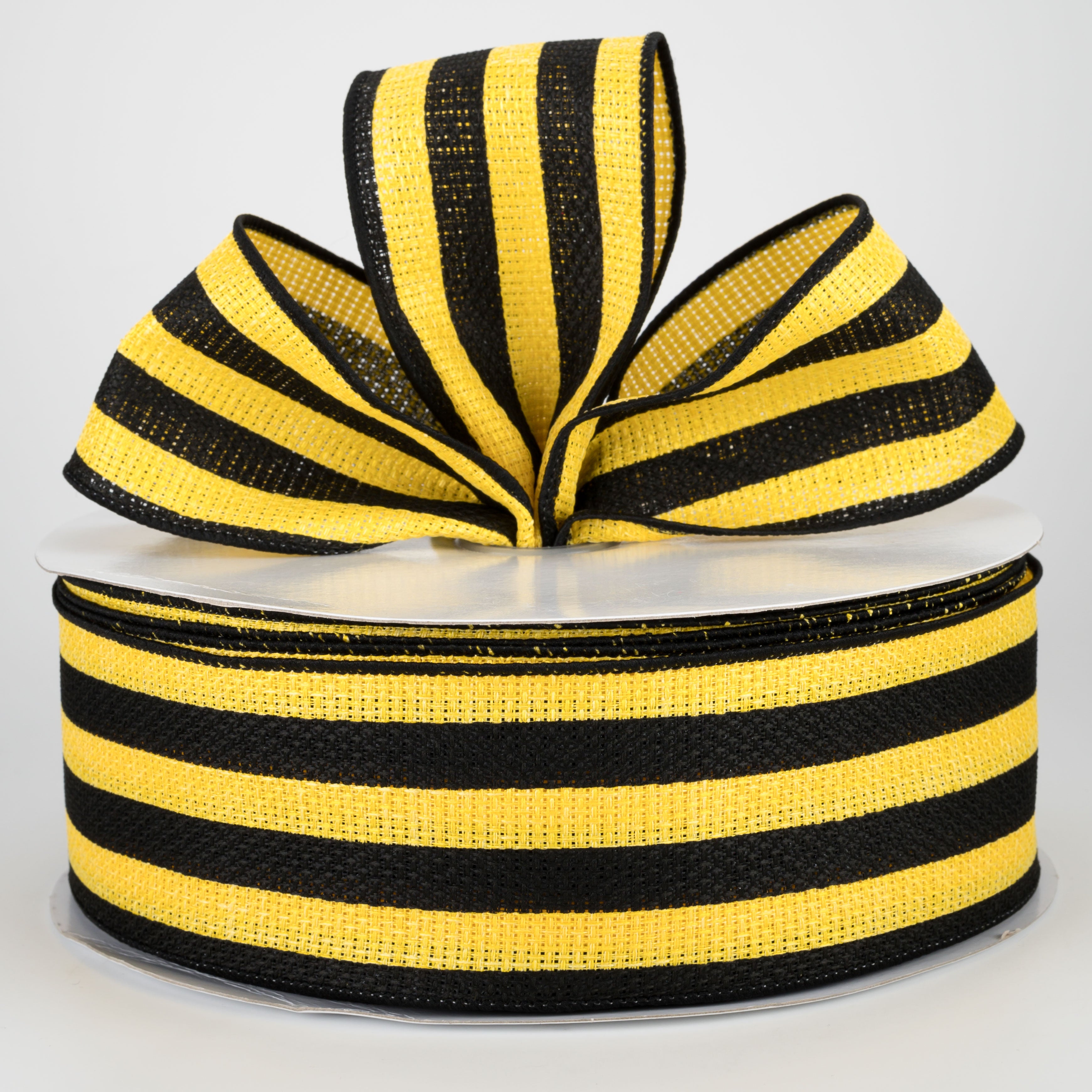 2.5" Vertical Stripe Faux Burlap Ribbon: Black & Sun Yellow (50 Yards)