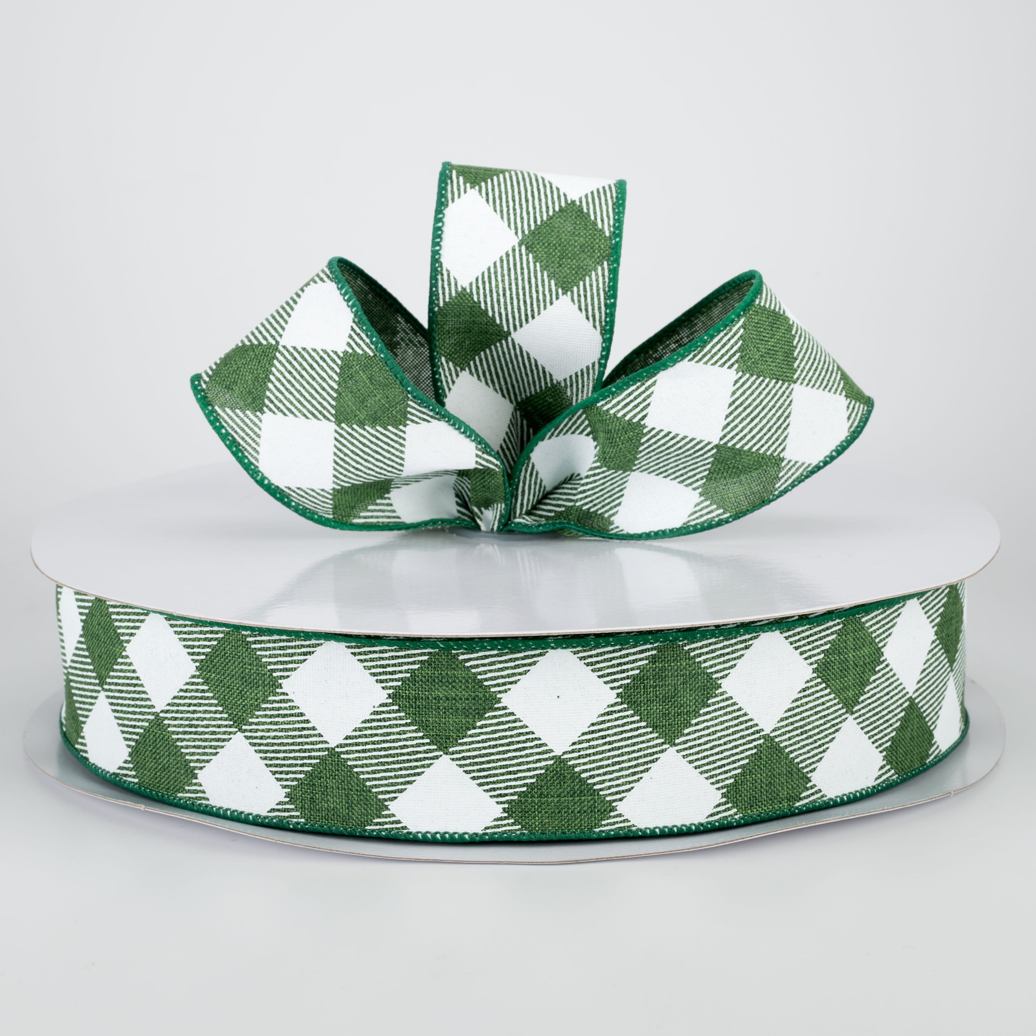 1.5" Diagonal Check Ribbon: Emerald Green & White (50 Yards)