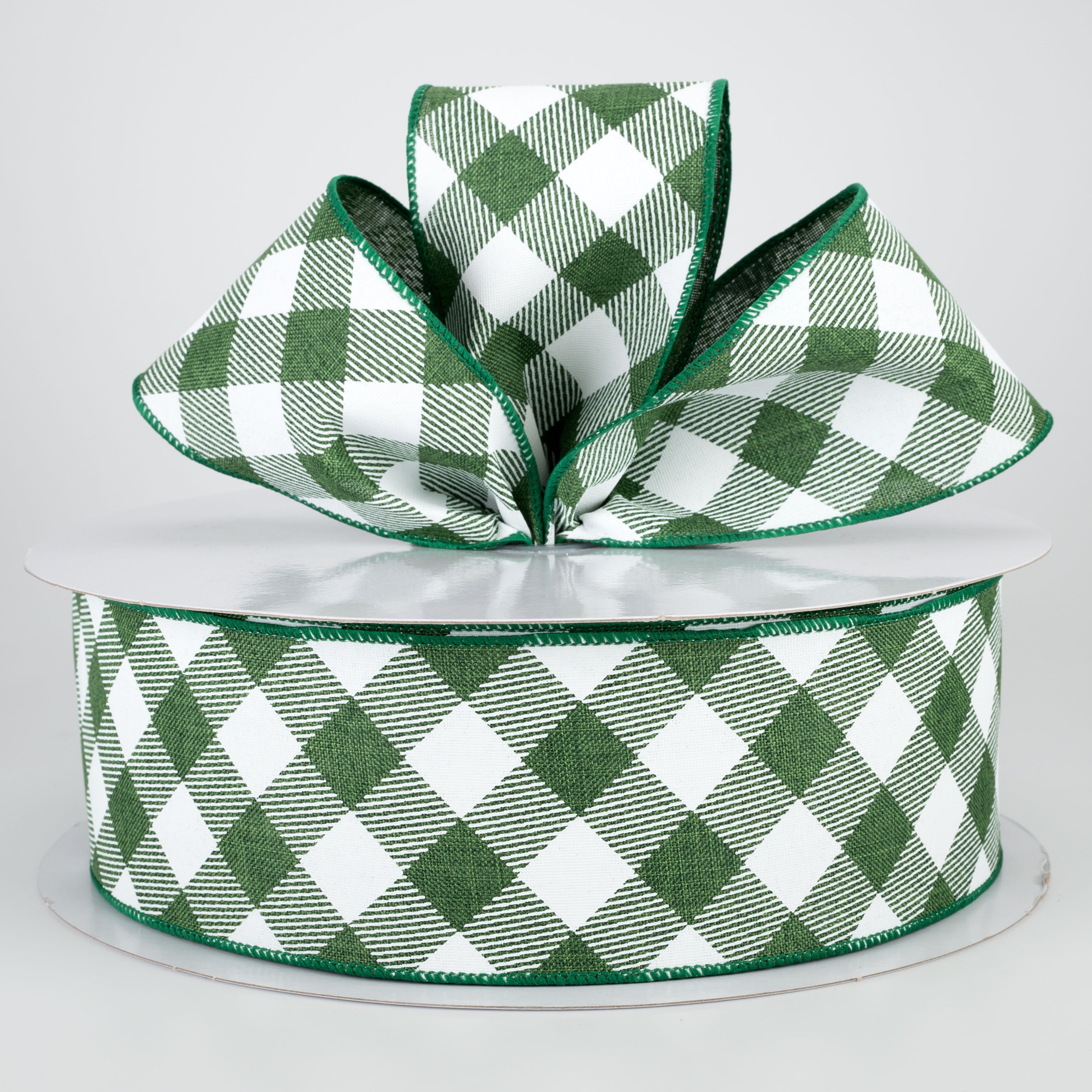2.5" Diagonal Check Ribbon: Emerald Green & White (50 Yards)