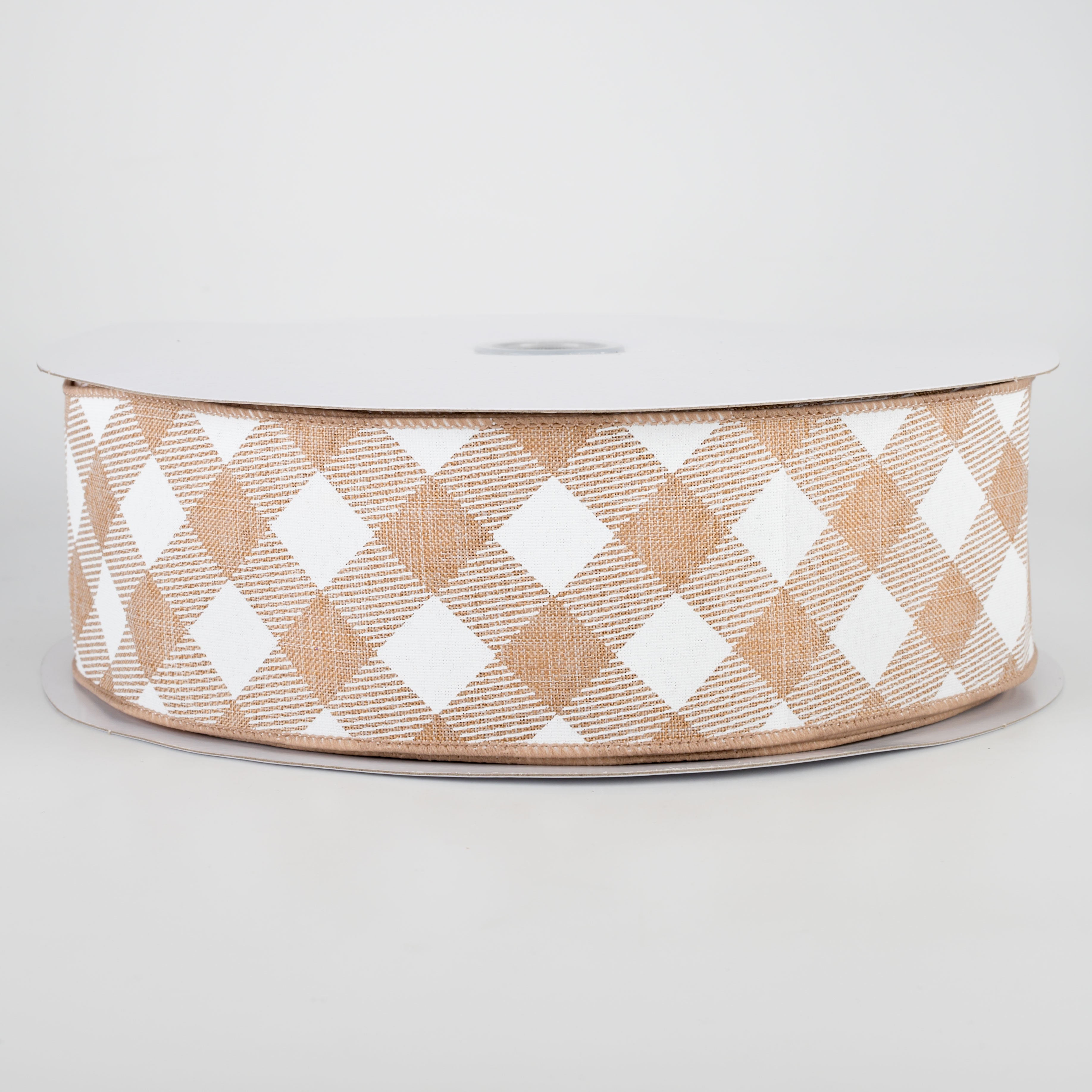 2.5" Diagonal Check Ribbon: Light Tan & White (50 Yards)