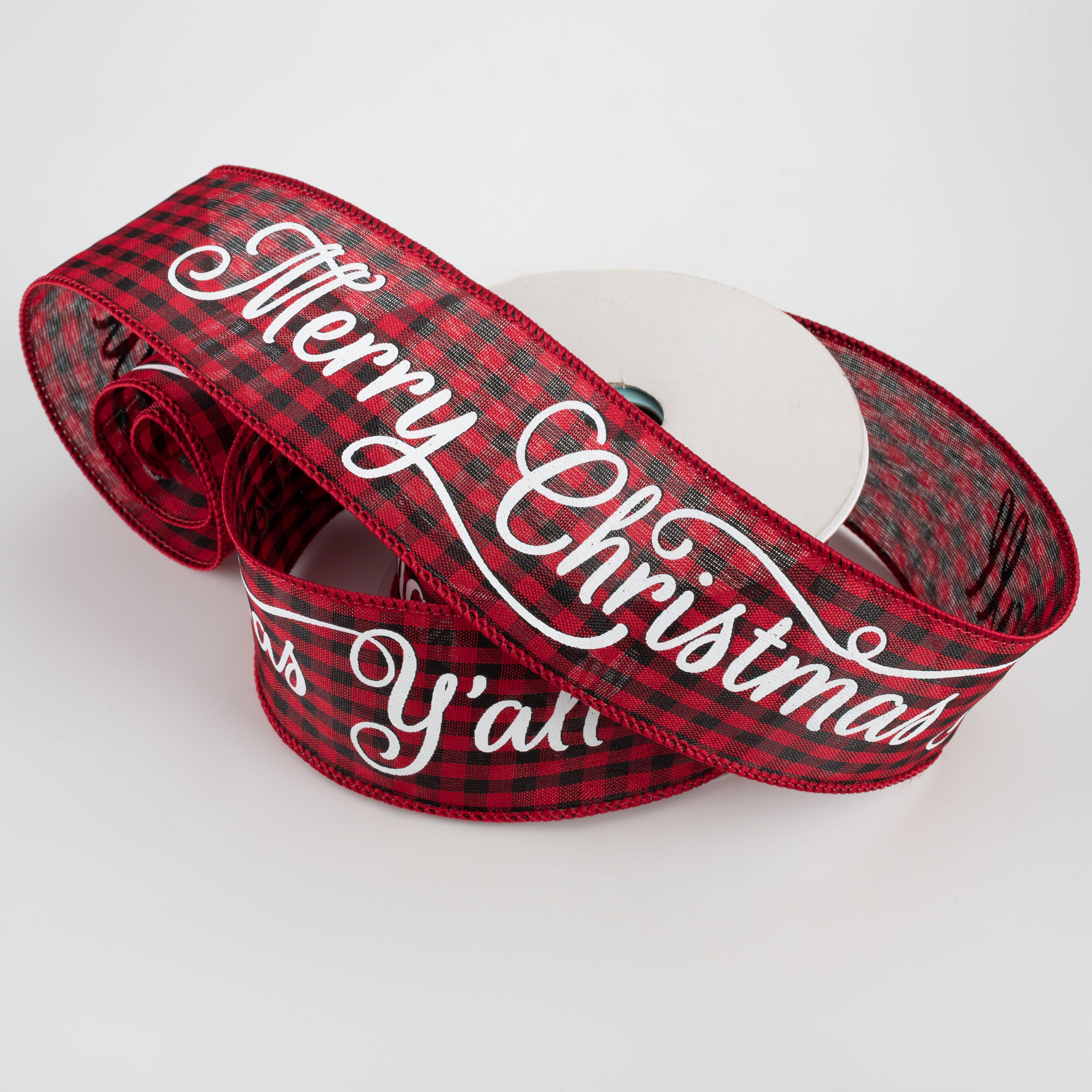 2.5" Merry Christmas Y'all Check Ribbon: Red, Black, White (10 Yards)