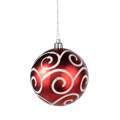 100MM Glitter Scroll Swirl Ball: Matte Red & White