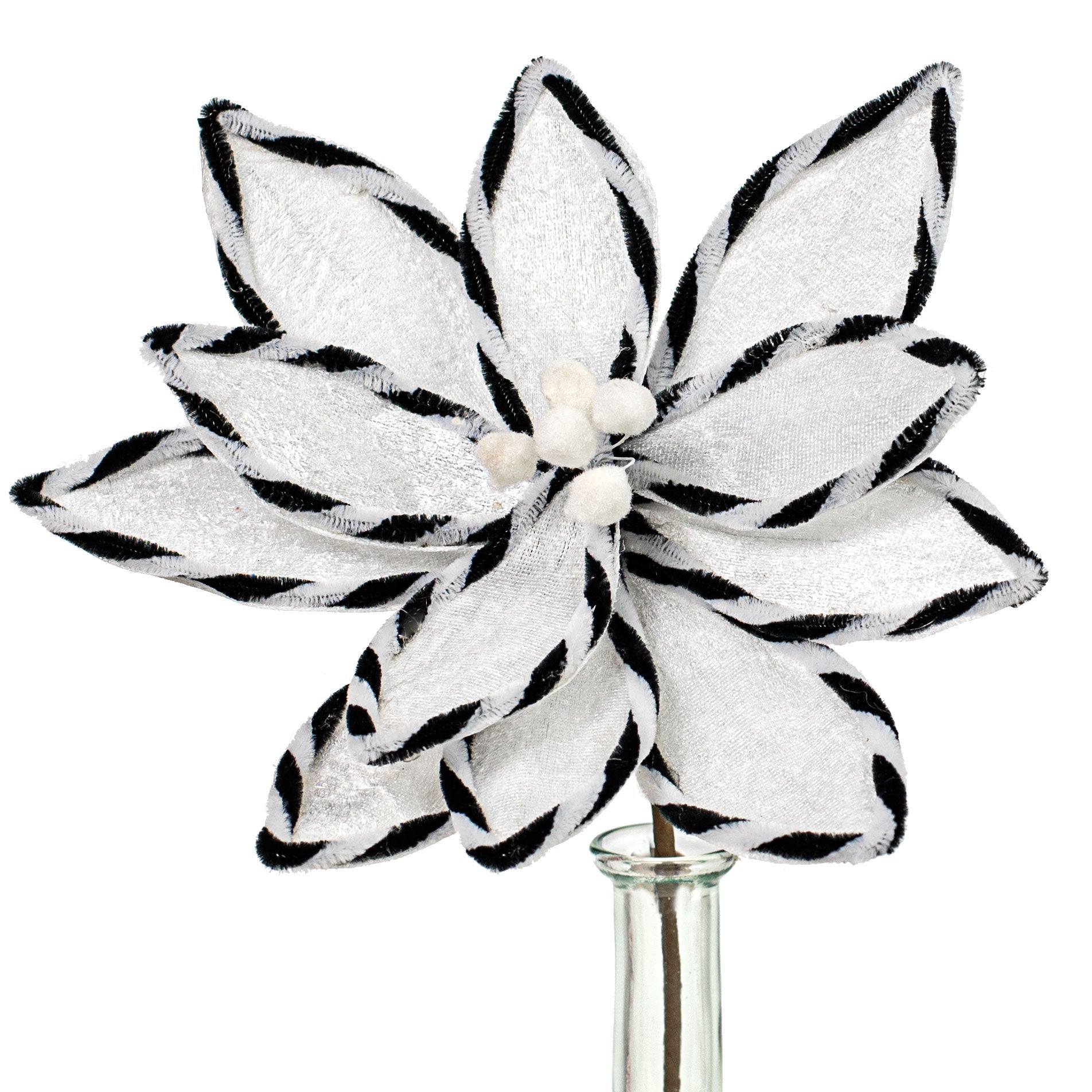 12" Velvet Poinsettia Pick: Black & White