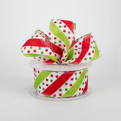 1.5" Dotty Stripe Christmas Ribbon: Red, Lime, White (10 Yards)