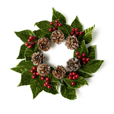 10" Velvet American Holly & Pinecone Wreath