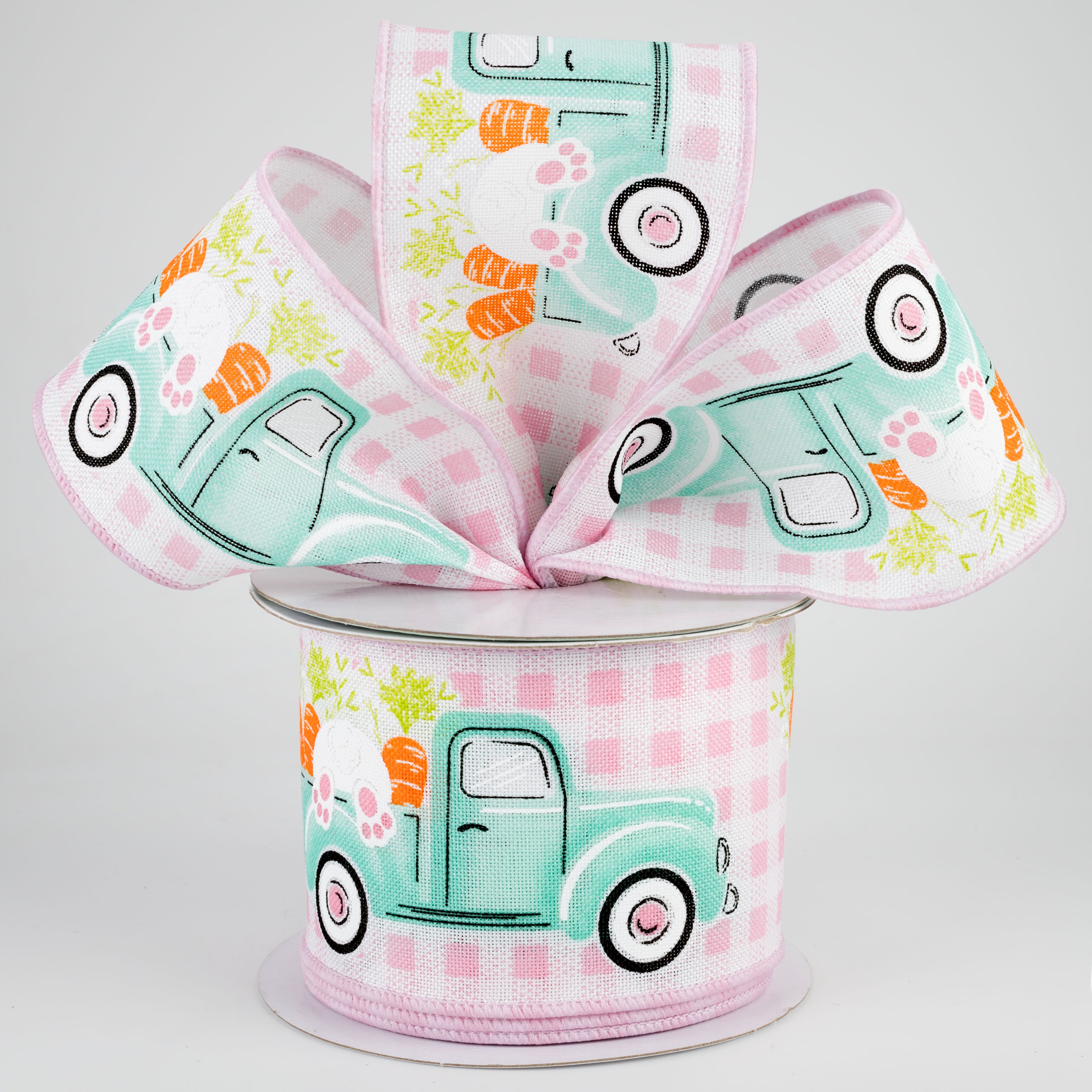 2.5" Truck With Bunny Check Ribbon: Light Pink (10 Yards)