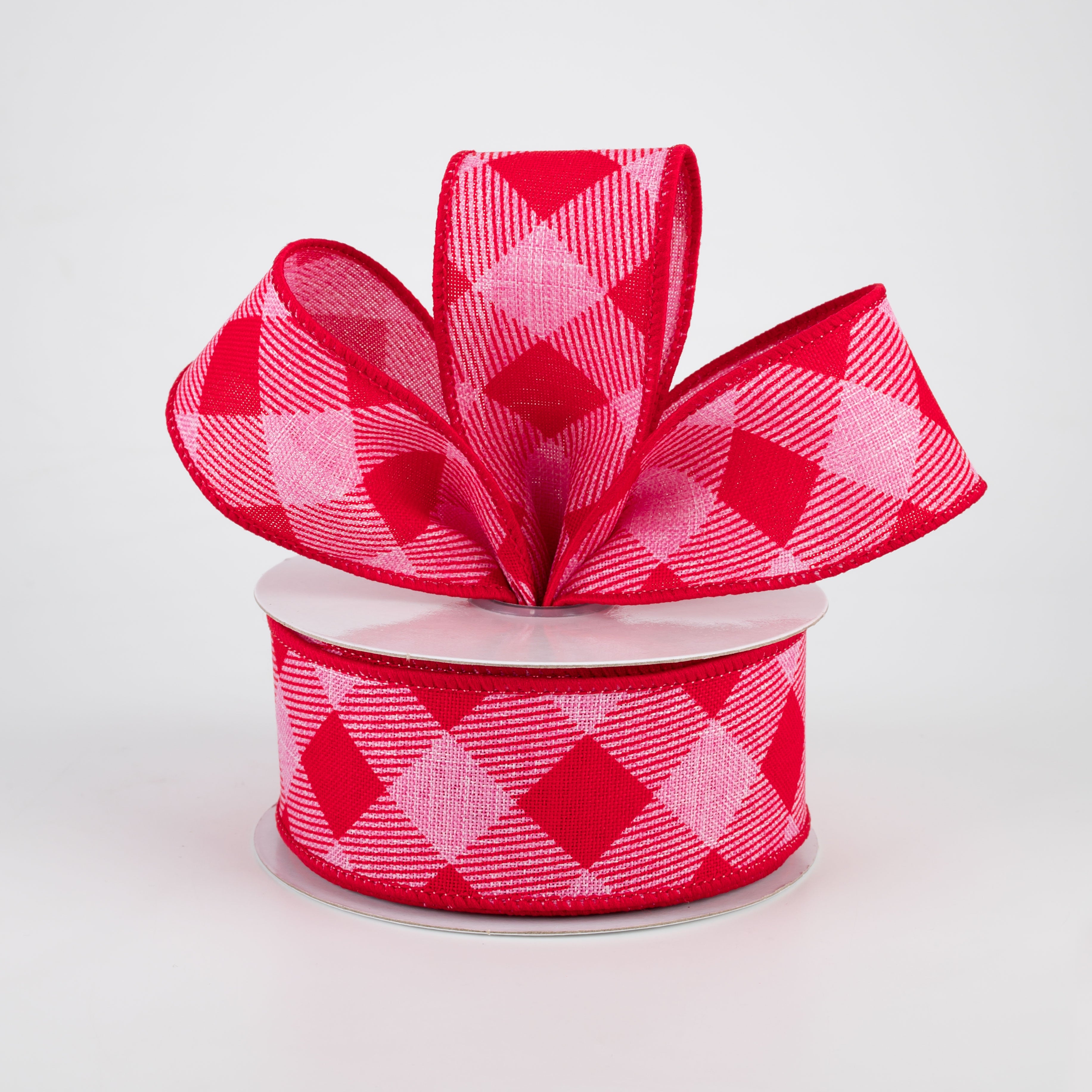 1.5" Diagonal Stripe Check Ribbon: Pink & Red (10 Yards)