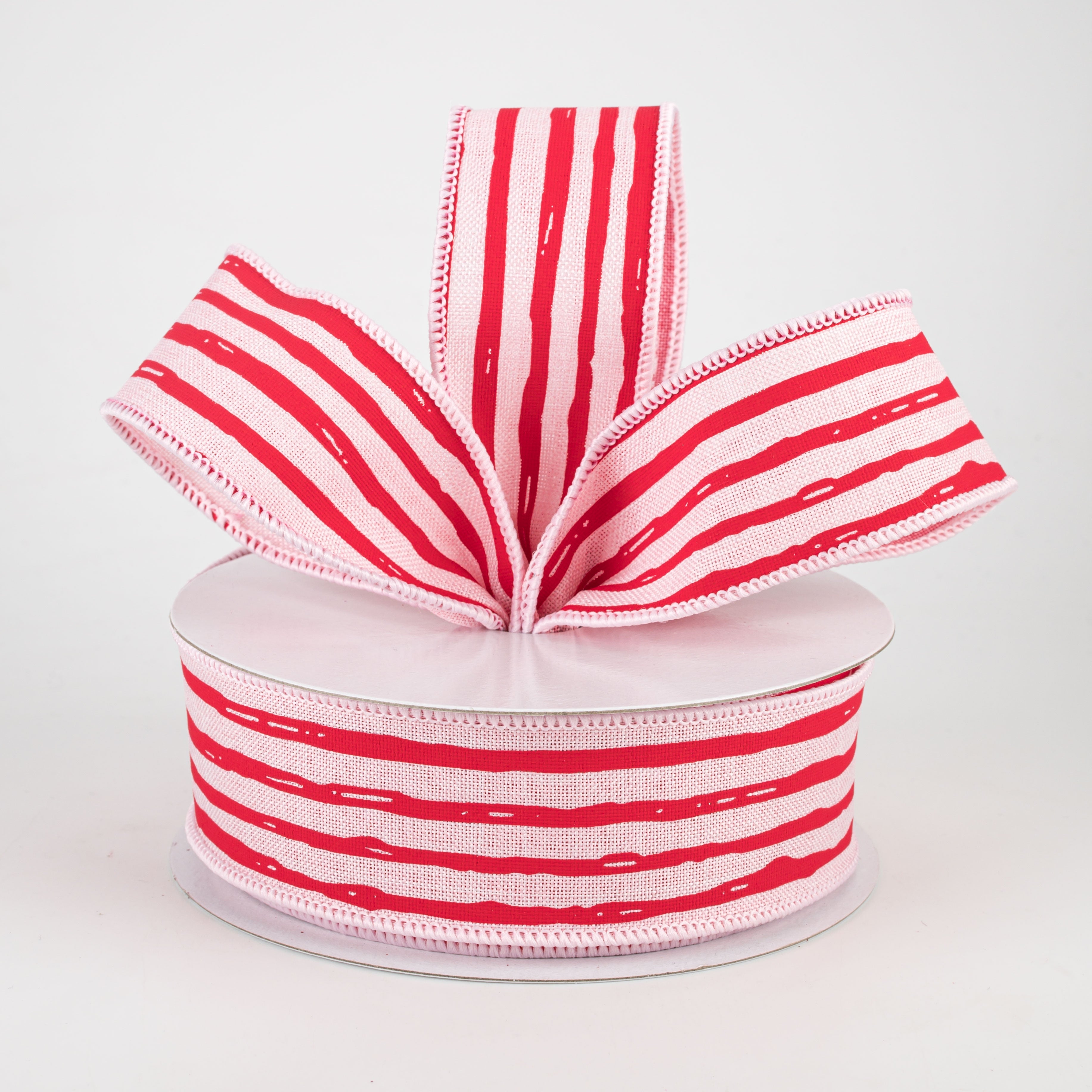 1.5" Irregular Stripes Ribbon: Pale Pink & Red (10 Yards)