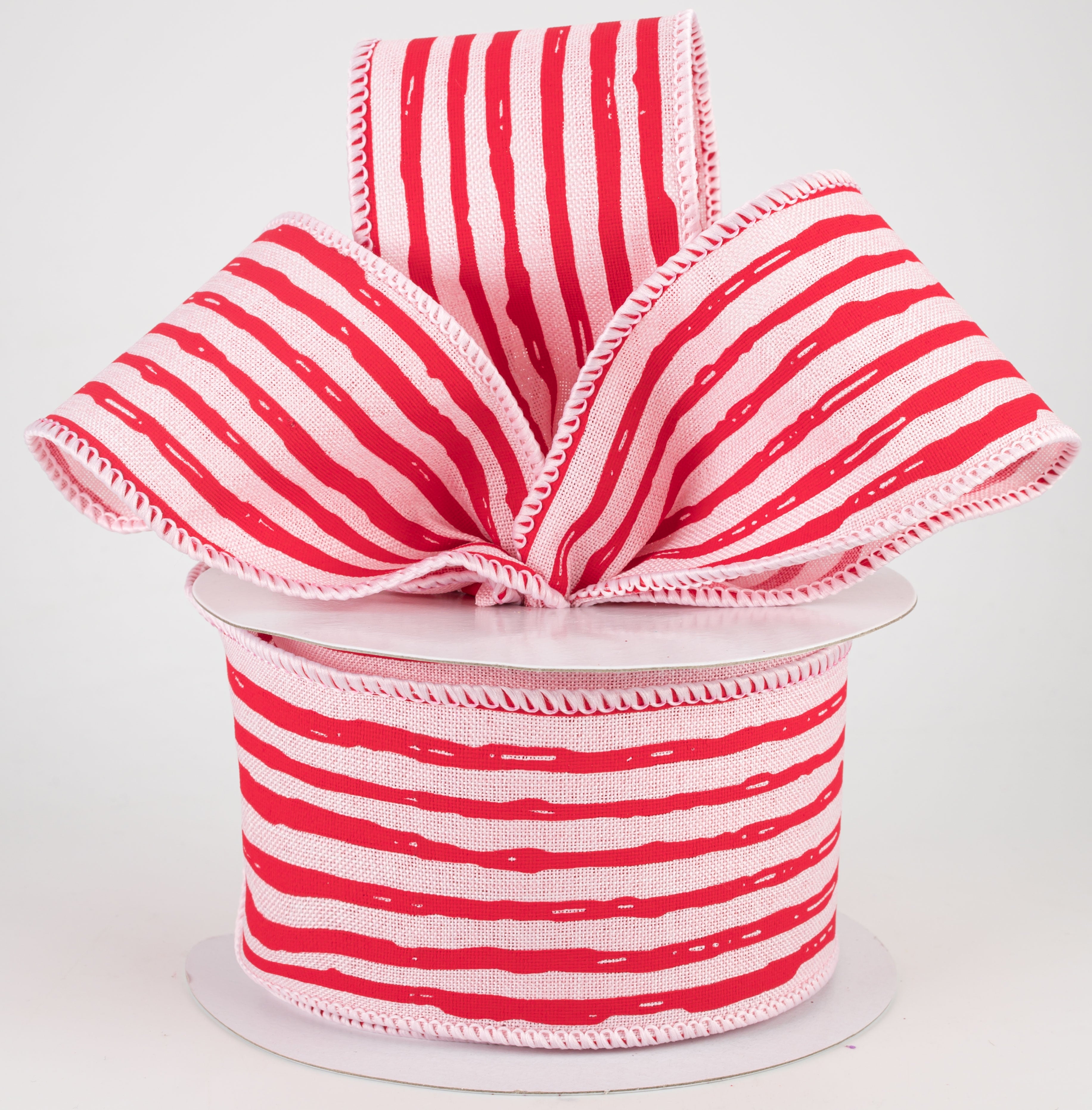 2.5" Irregular Stripes Ribbon: Pale Pink & Red (10 Yards)
