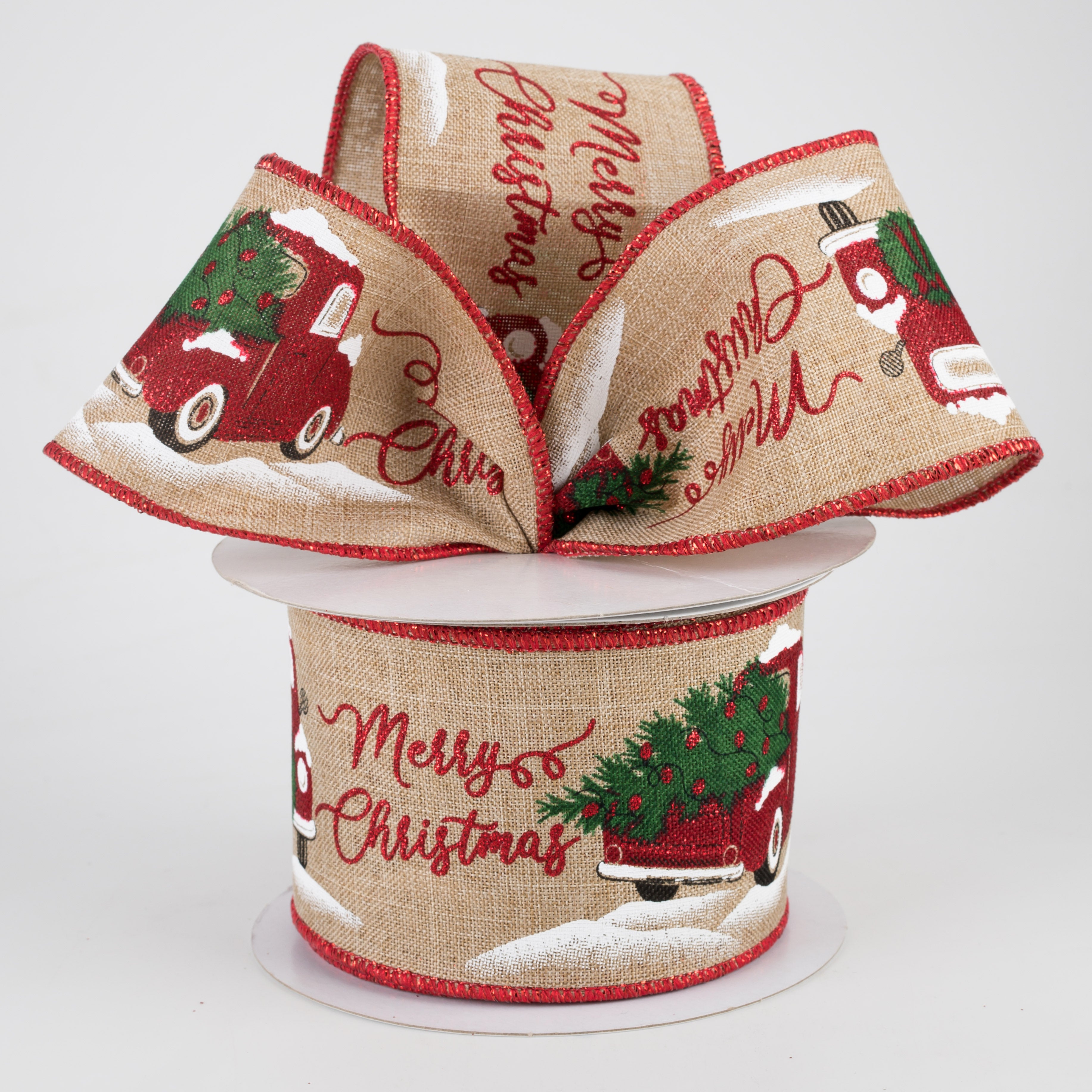 2.5" Merry Christmas With Truck Ribbon: Light Beige (10 Yards)