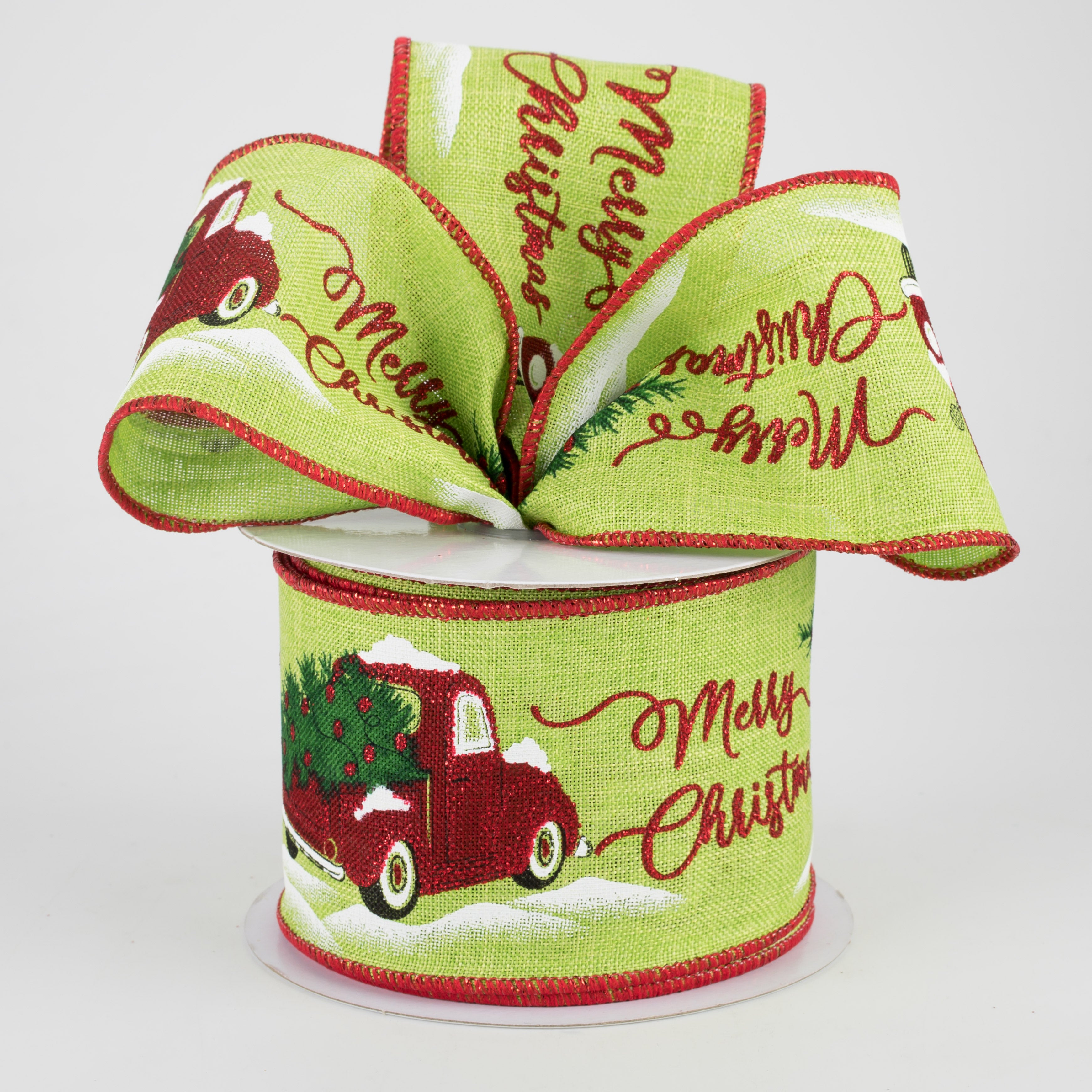 2.5" Merry Christmas With Truck Ribbon: Lime Green (10 Yards)