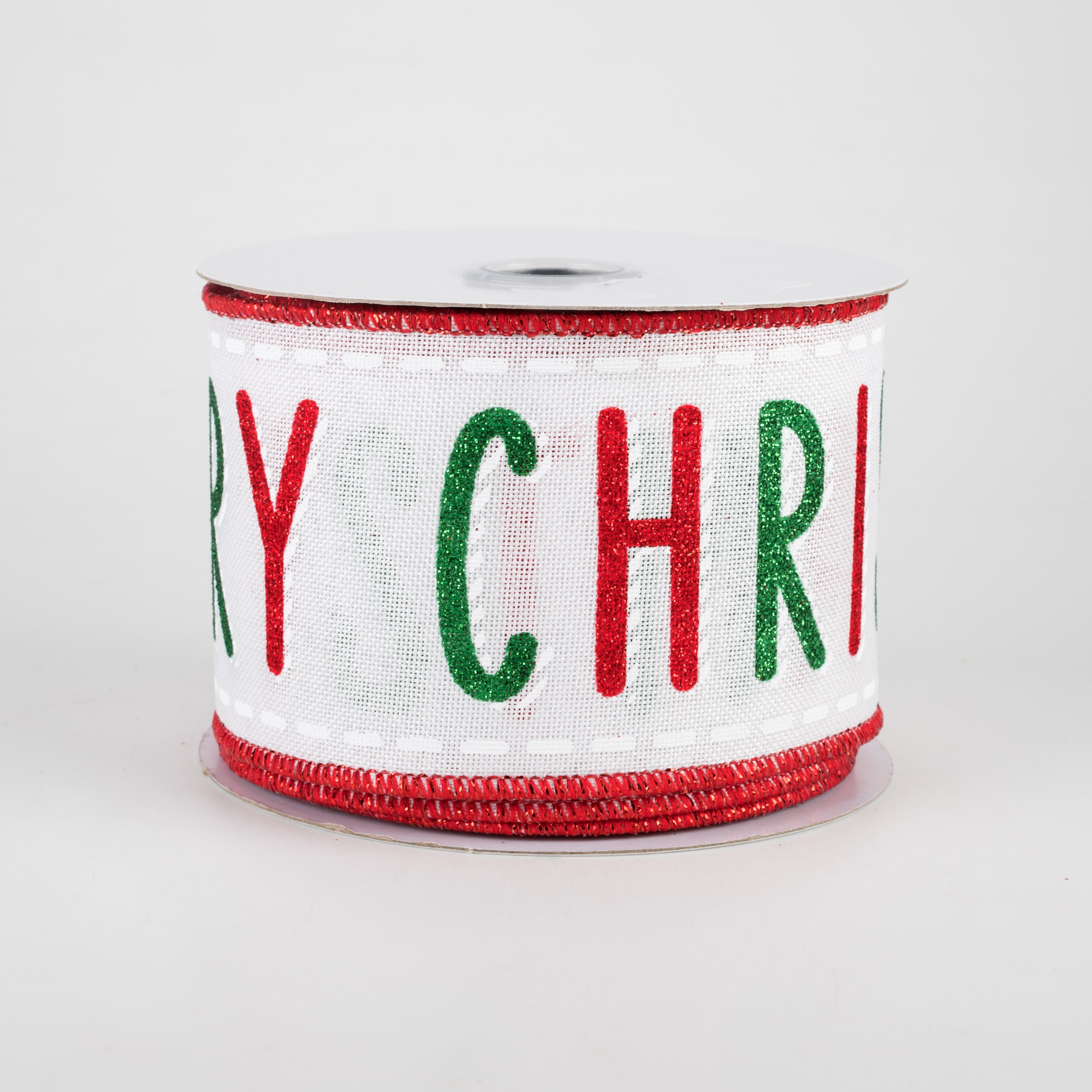 2.5" Bold Glitter Merry Christmas Ribbon: White, Red, Emerald (10 Yards)