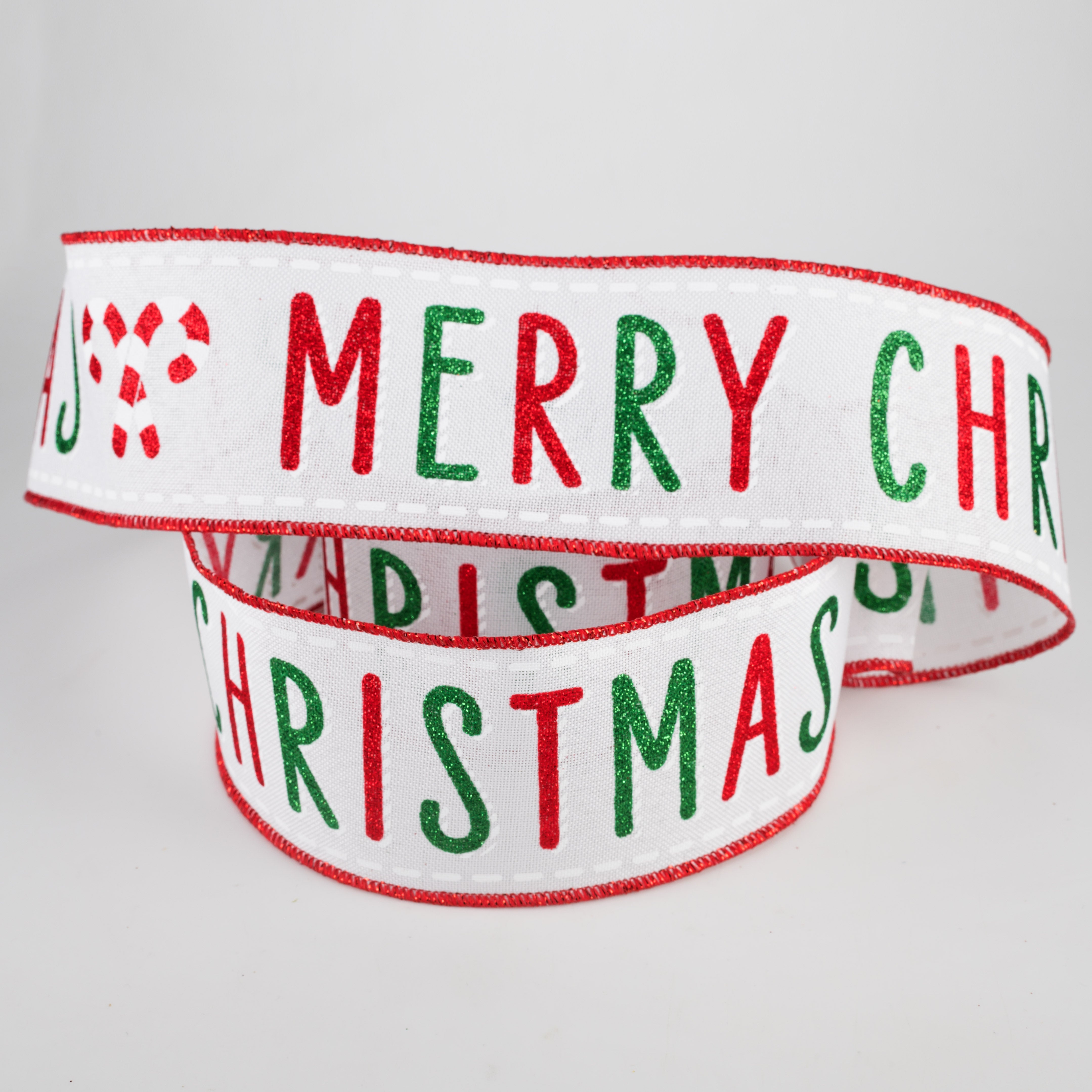 2.5" Bold Glitter Merry Christmas Ribbon: White, Red, Emerald (10 Yards)