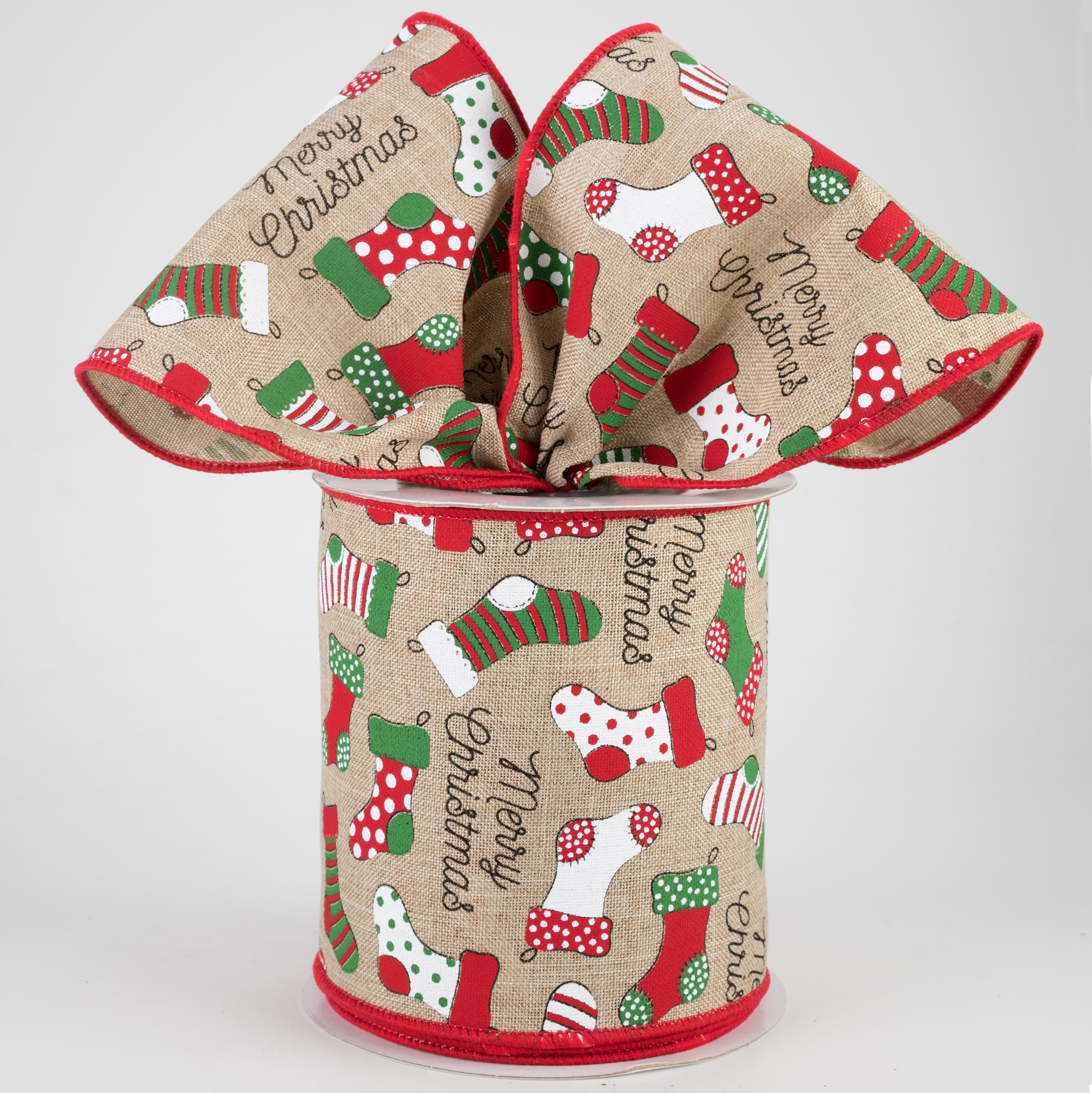 4" Christmas Stockings Ribbon: Natural (10 Yards)