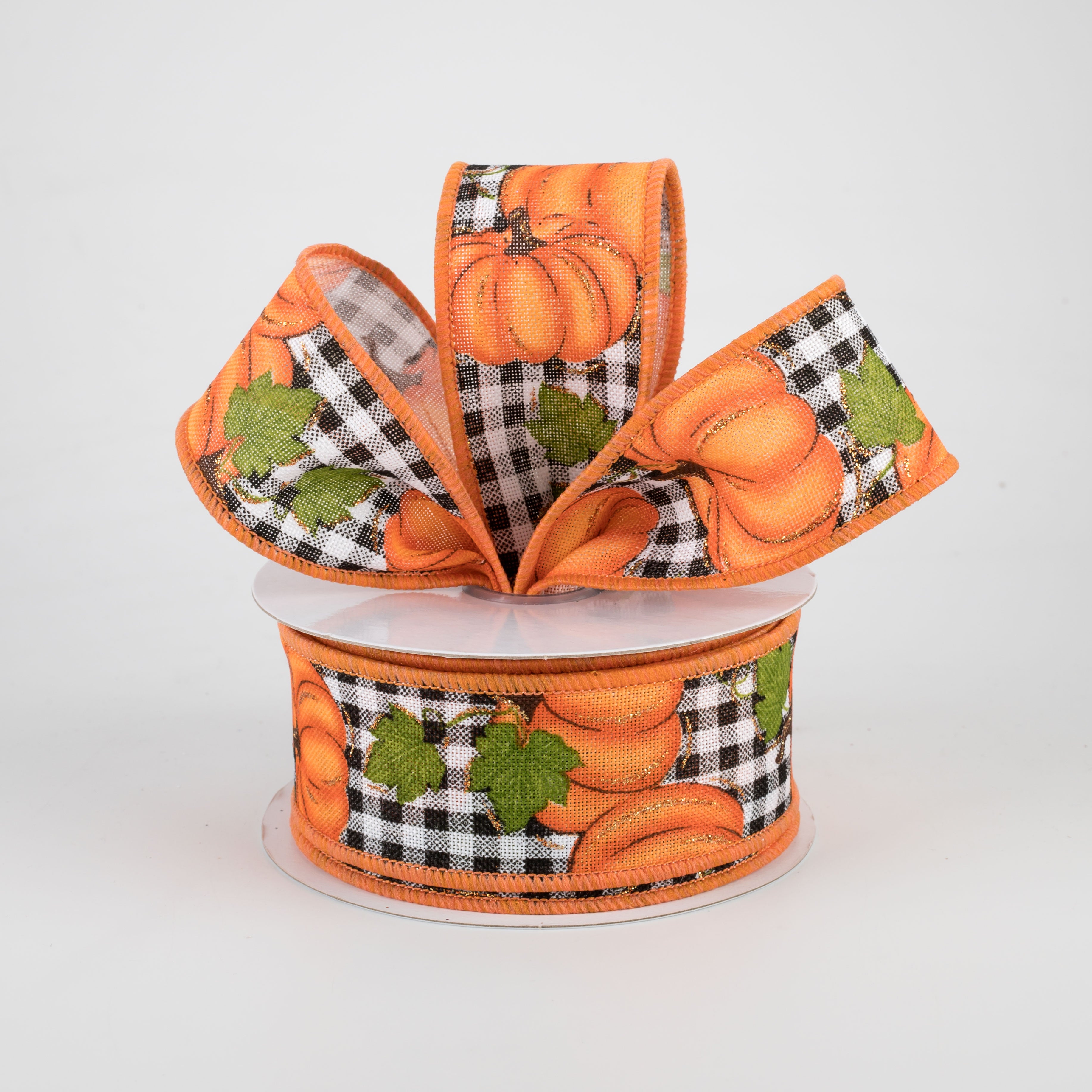1.5" Pumpkin Patch Check Ribbon: Orange, Moss, Black, White (10 Yards)