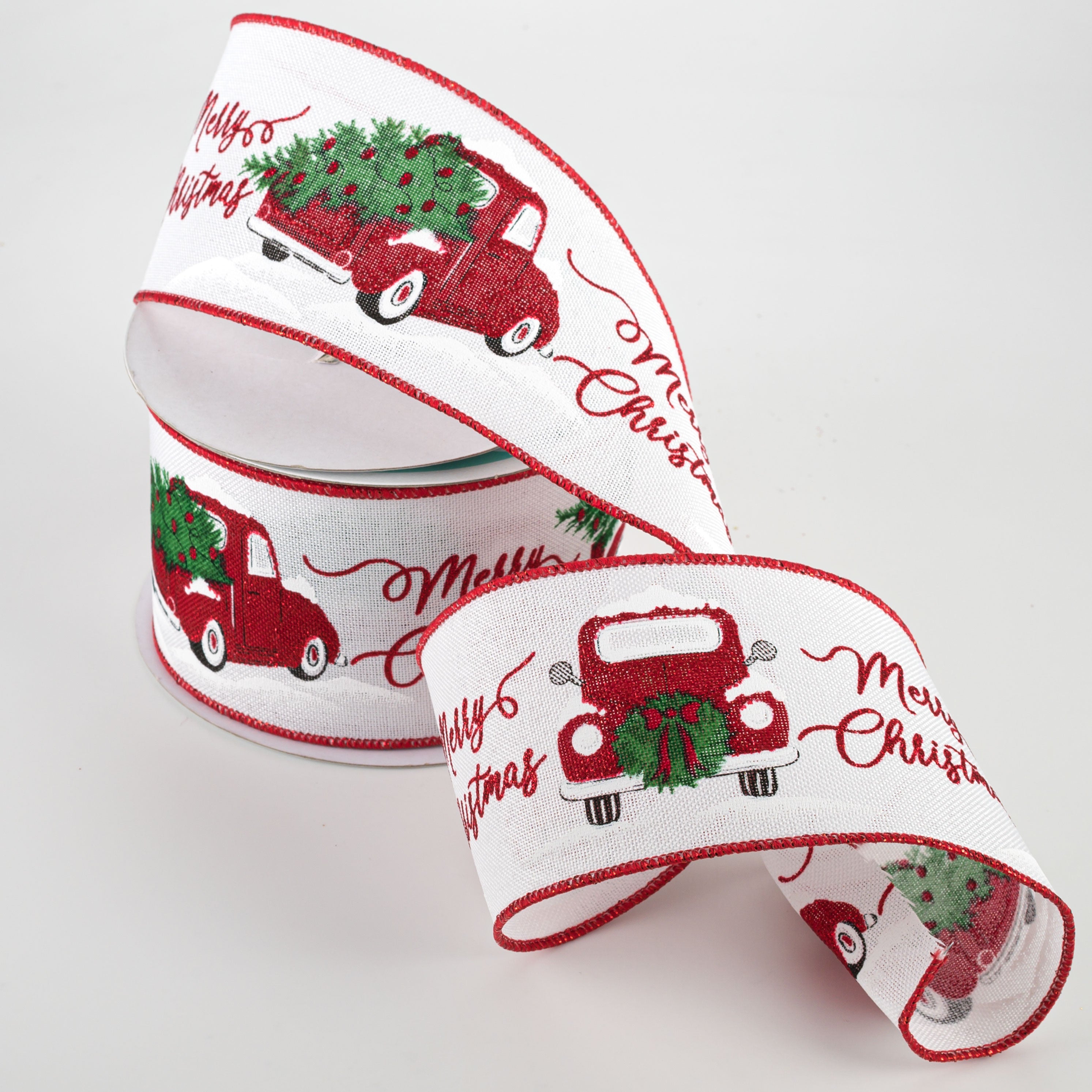 2.5" Merry Christmas With Truck Ribbon: White (10 Yards)