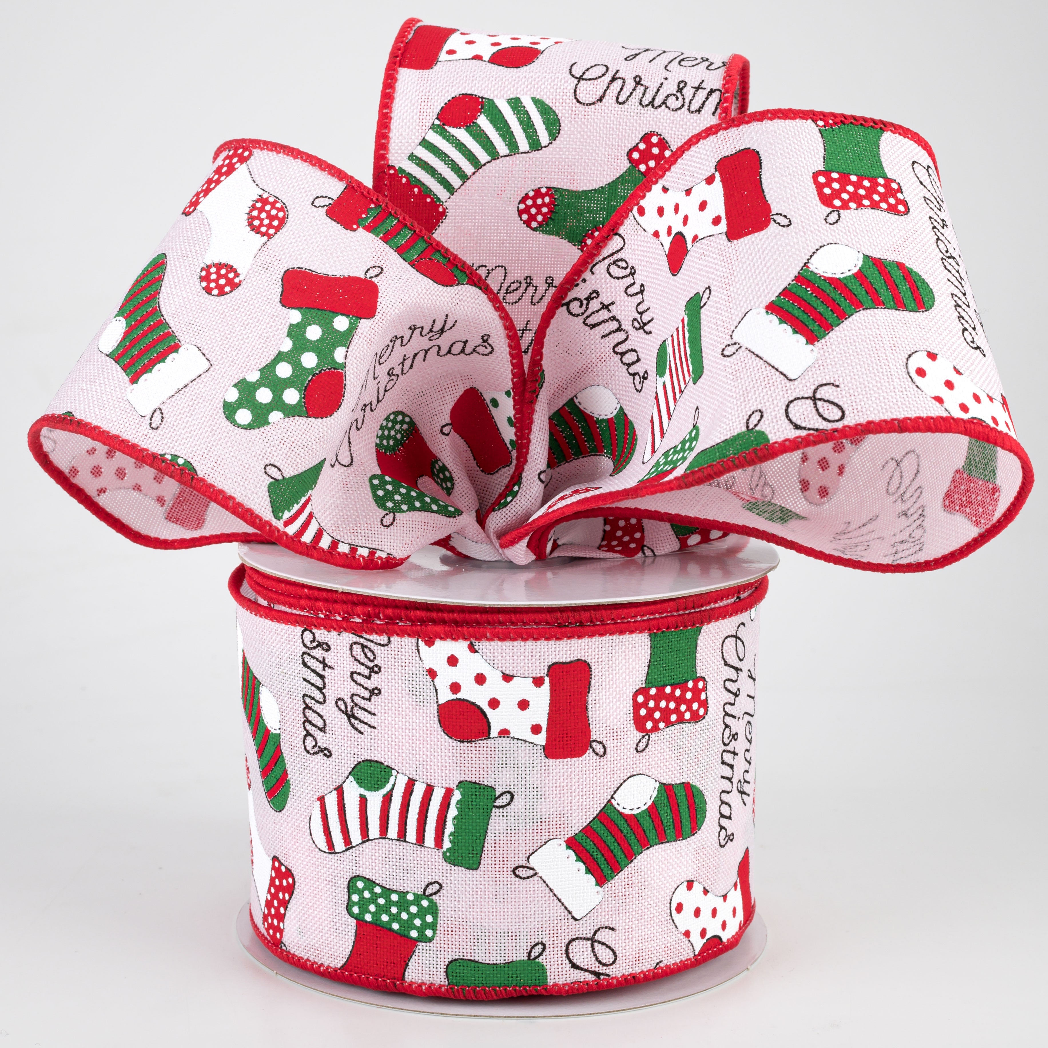 2.5" Christmas Stockings Ribbon: Pink (10 Yards)