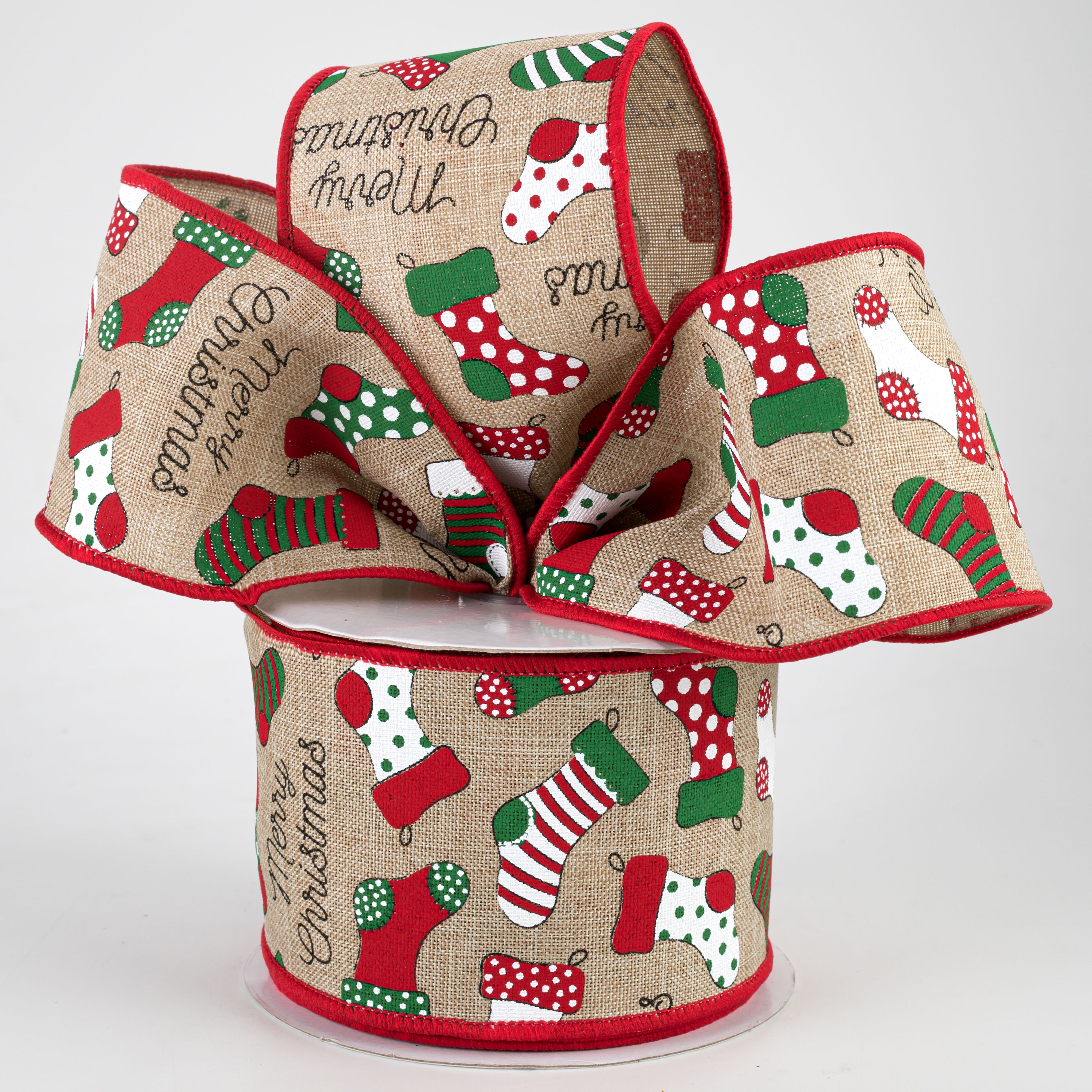 2.5" Christmas Stockings Ribbon: Natural (10 Yards)