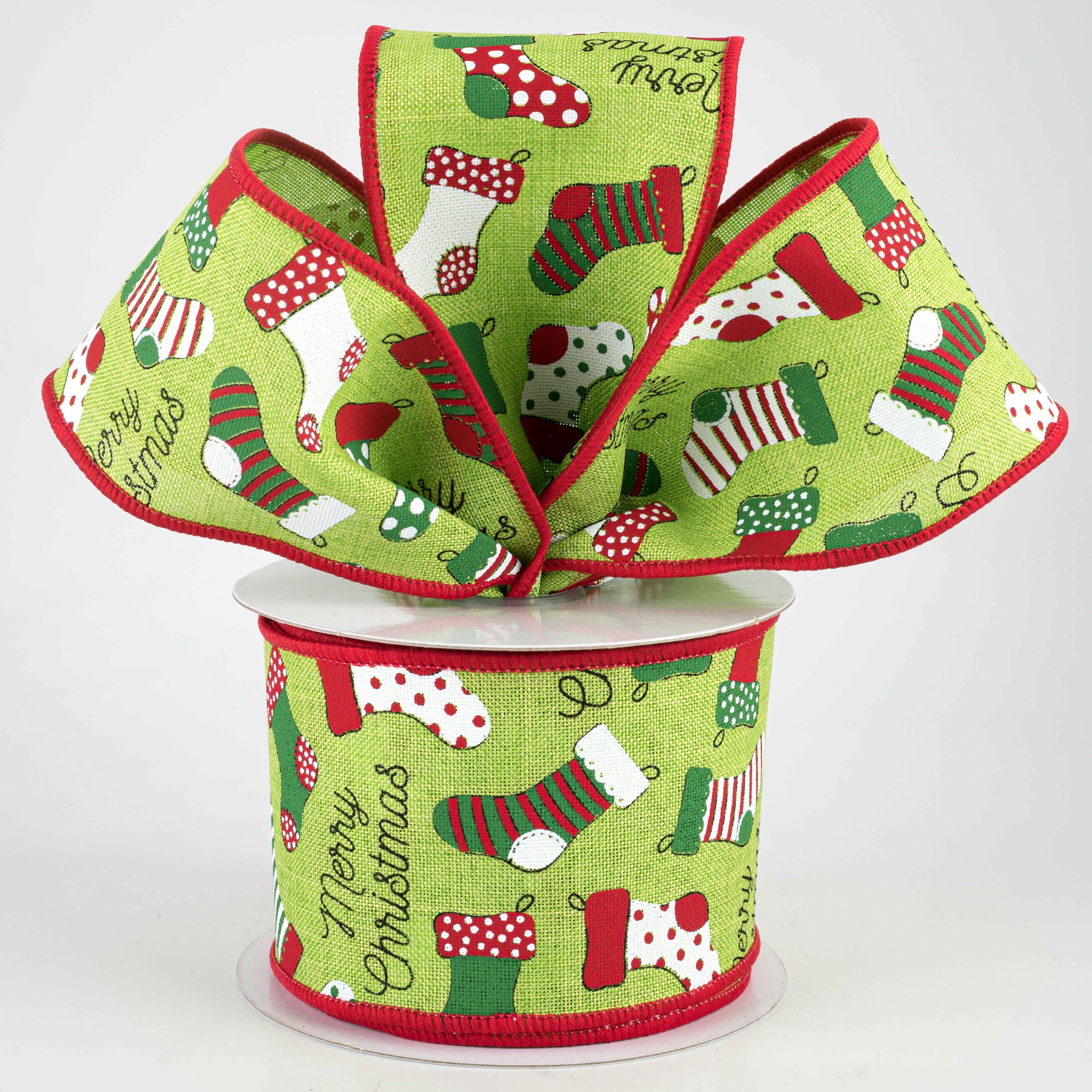 2.5" Christmas Stockings Ribbon: Lime (10 Yards)
