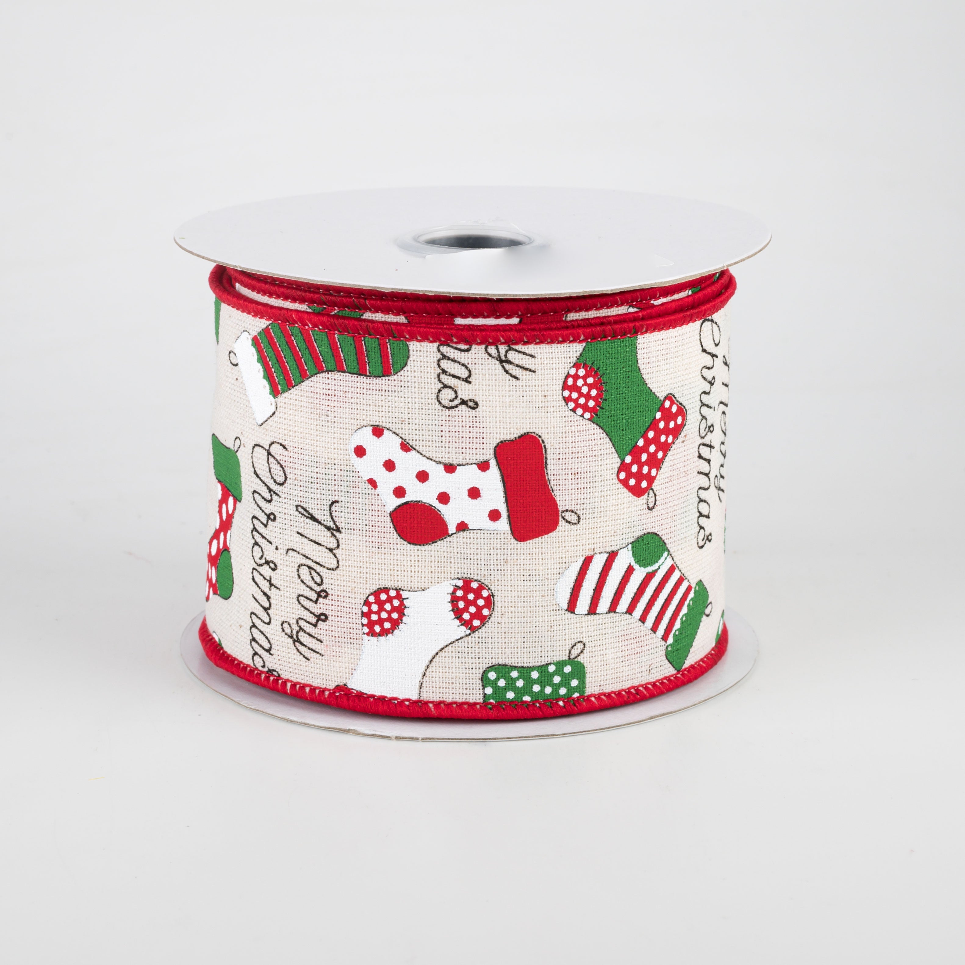 2.5" Christmas Stockings Ribbon: Cream (10 Yards)