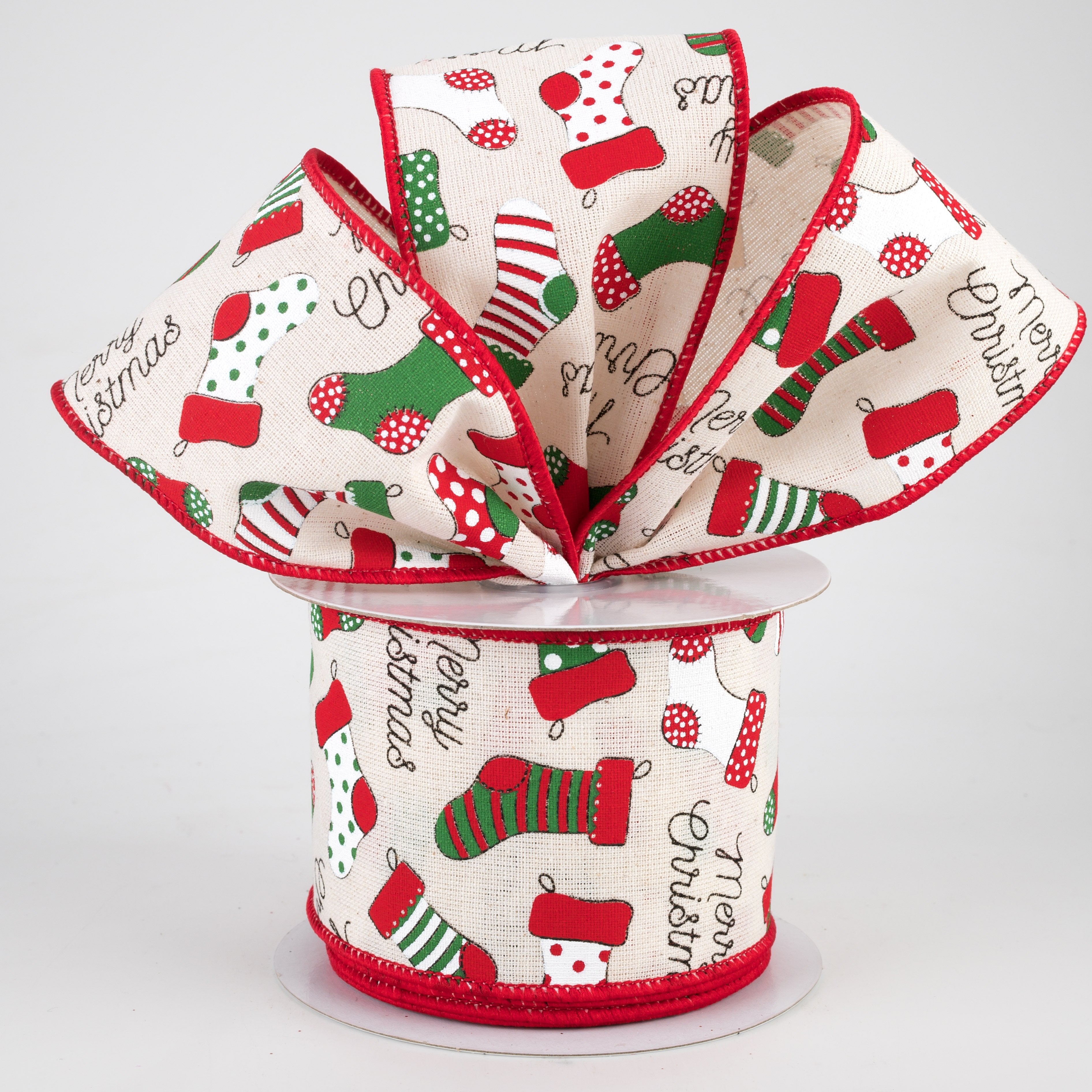 2.5" Christmas Stockings Ribbon: Cream (10 Yards)