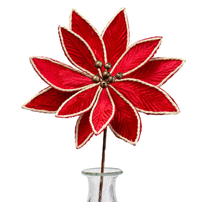 23" Velvet Poinsettia Stem: Red With Natural Piping