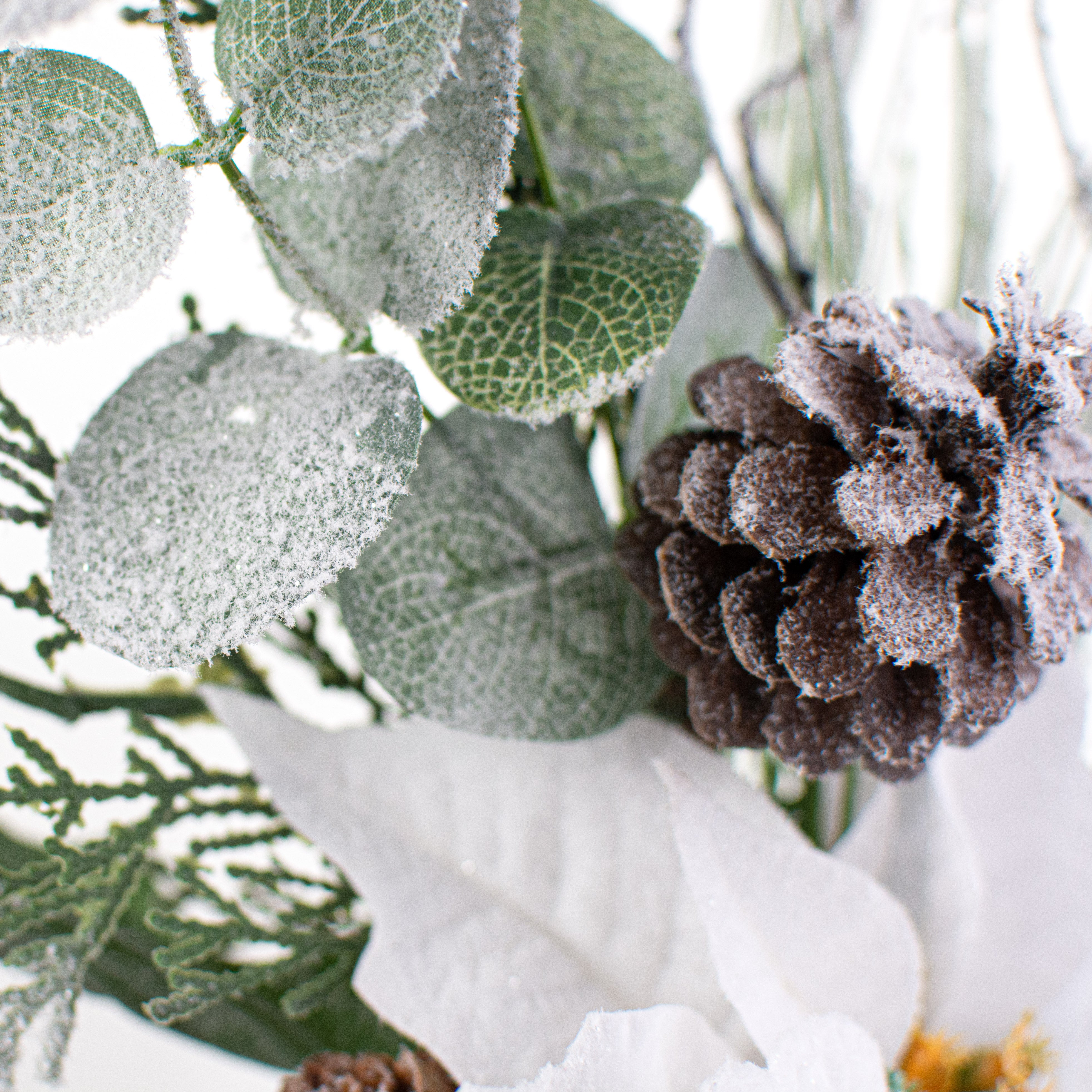 20" Snow Frosted Poinsettia Eucalyptus Pick: White