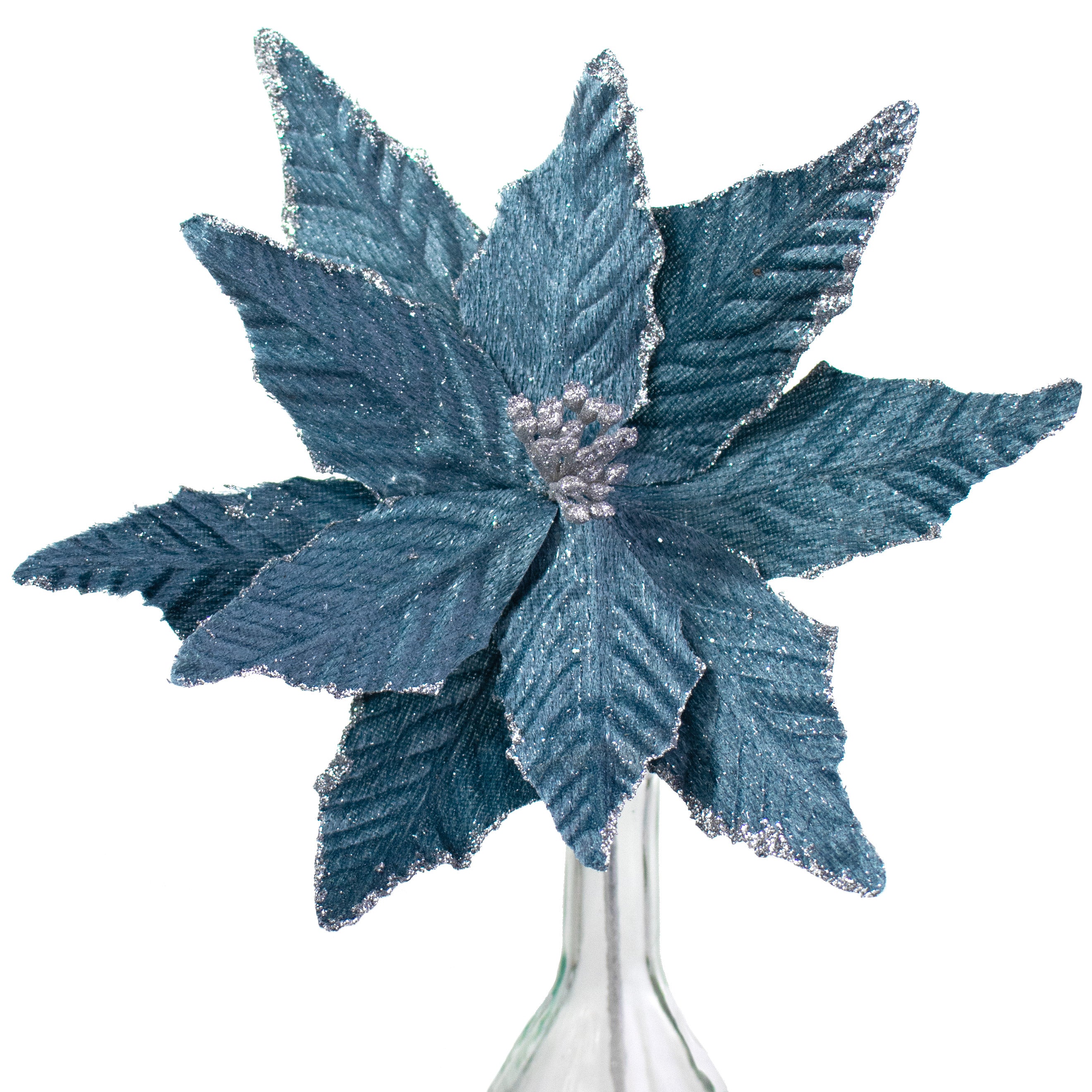 15" Velvet Poinsettia Pick: Dusty Blue