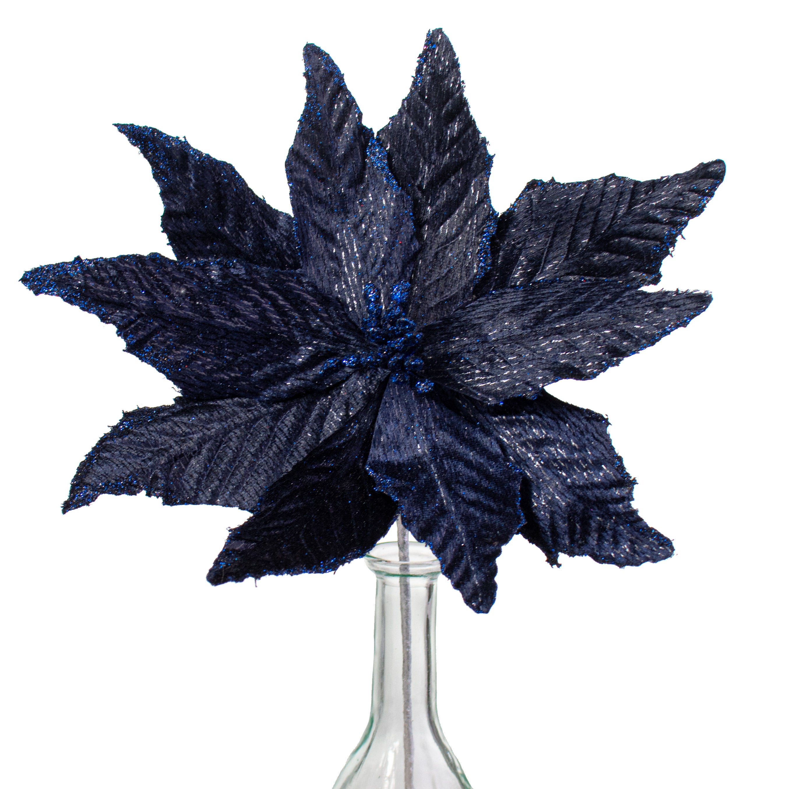 15" Velvet Poinsettia Pick: Navy Blue