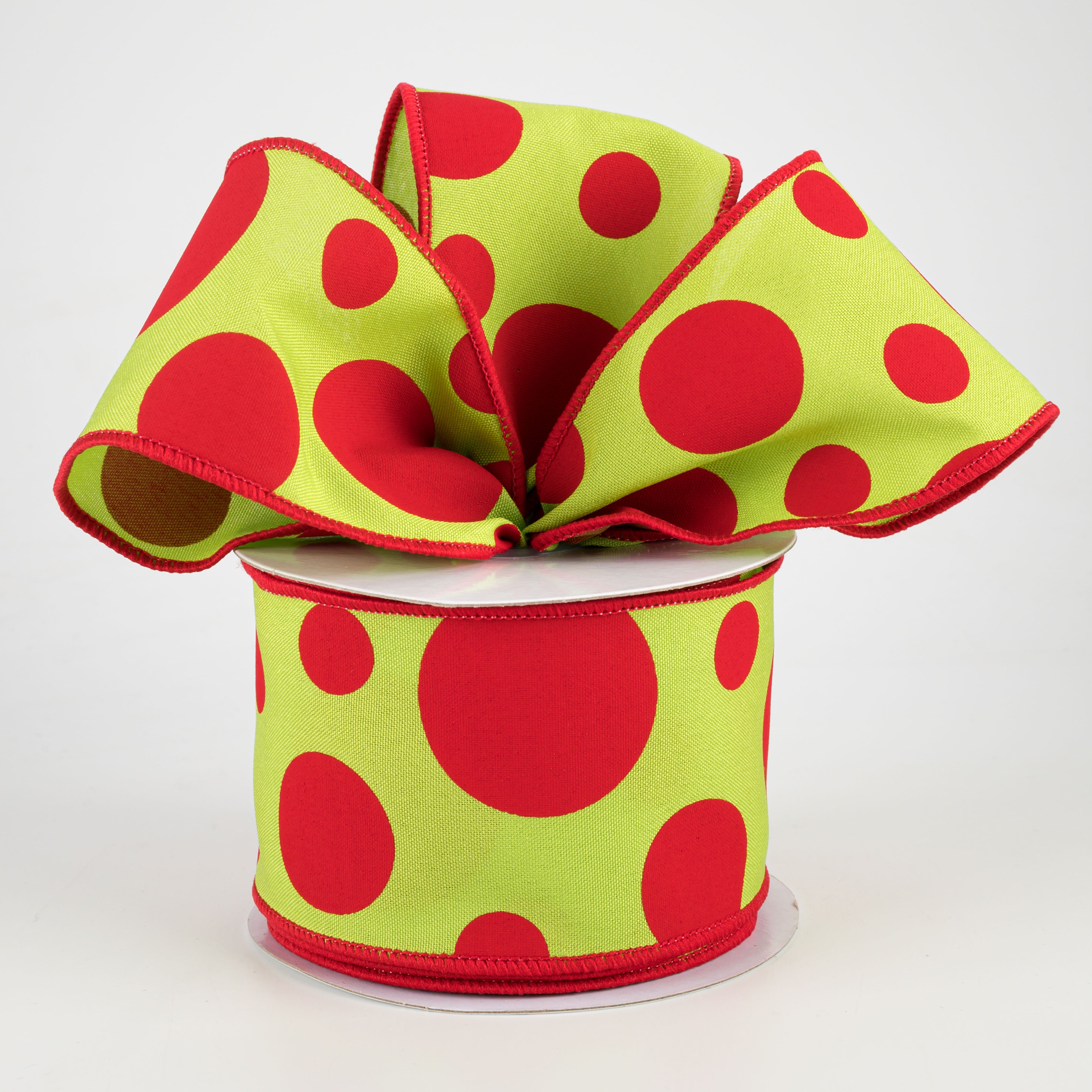 2.5" Giant Three Size Polka Dot Ribbon: Lime Green & Red (10 Yards)