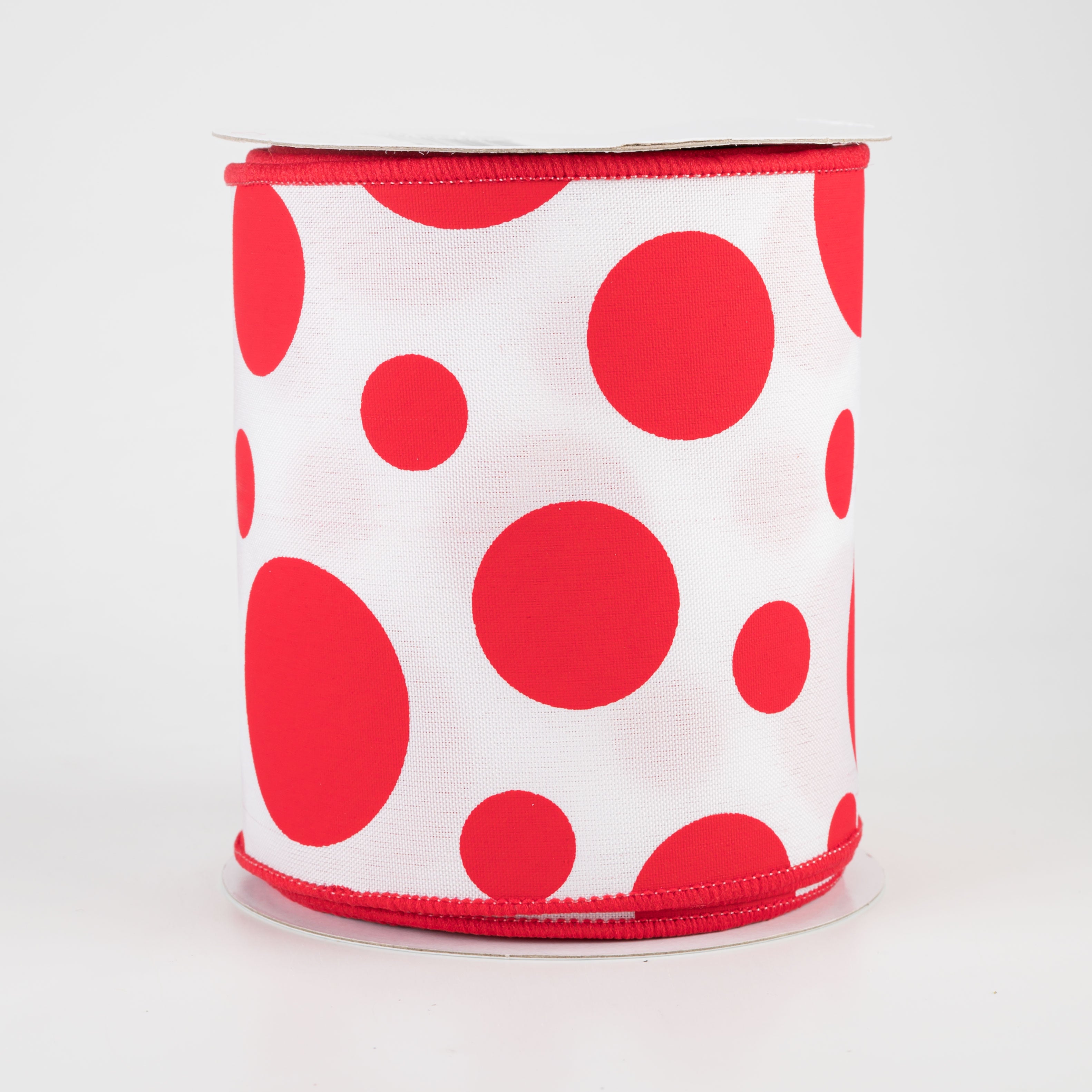 4" Giant Three Size Polka Dot Ribbon: White & Red (10 Yards)