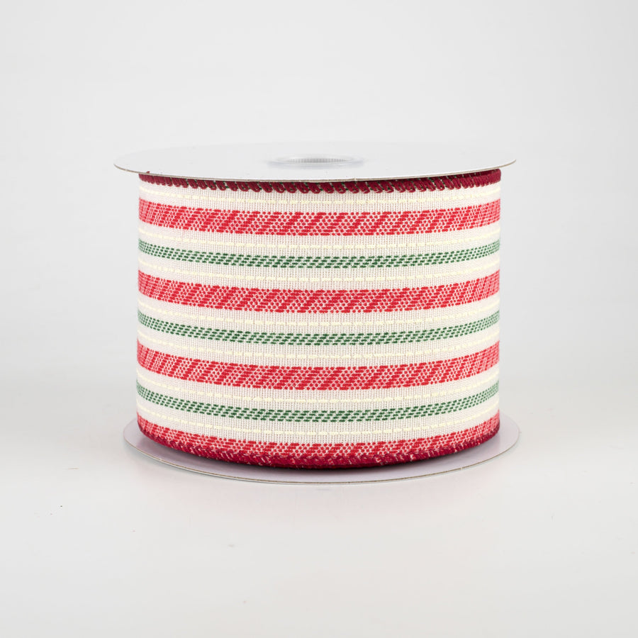 2.5" Modern Stripe Ticking Ribbon: Cream, Red, Green (10 Yards)