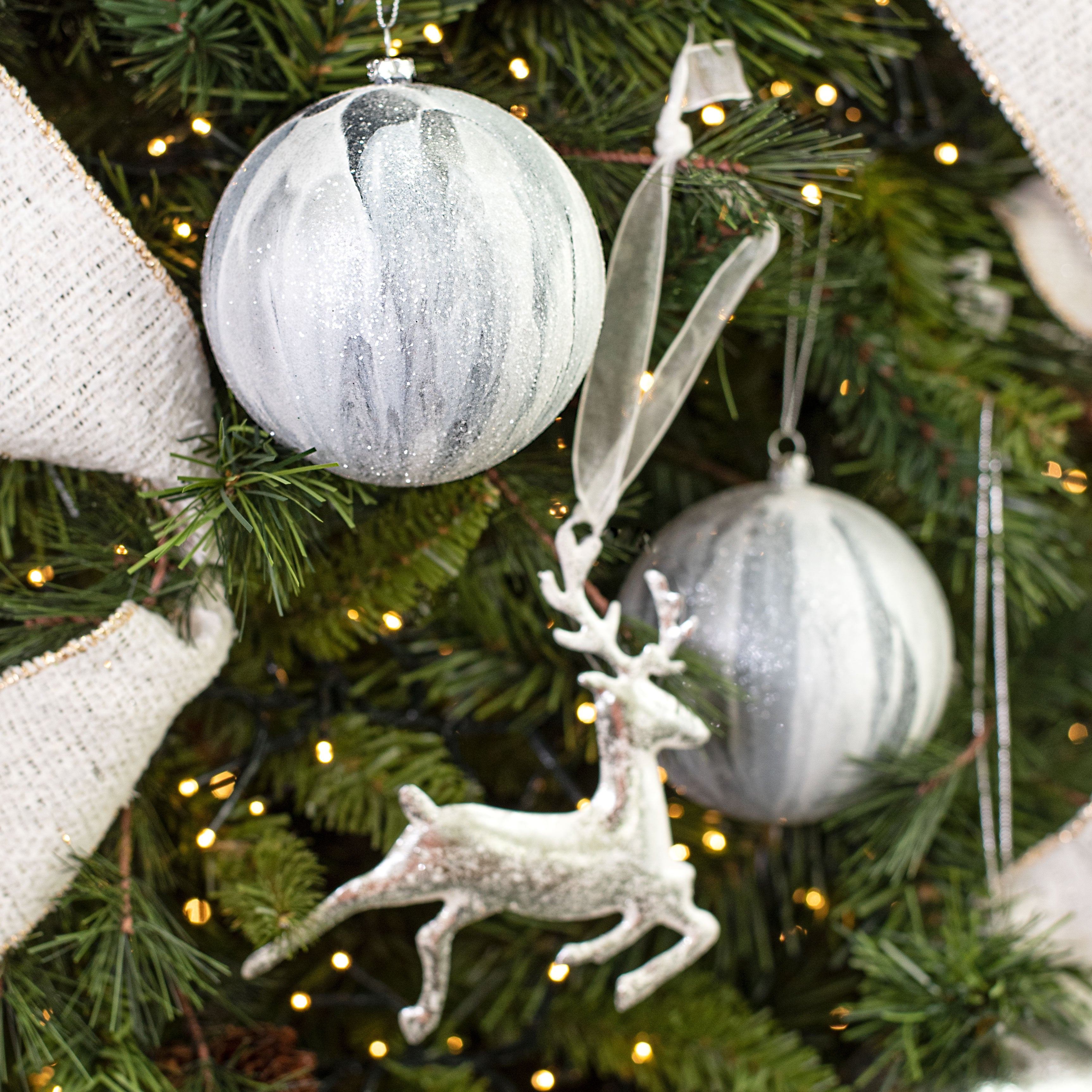 100MM Frosted Marble Ball Ornaments: Pewter White (4)