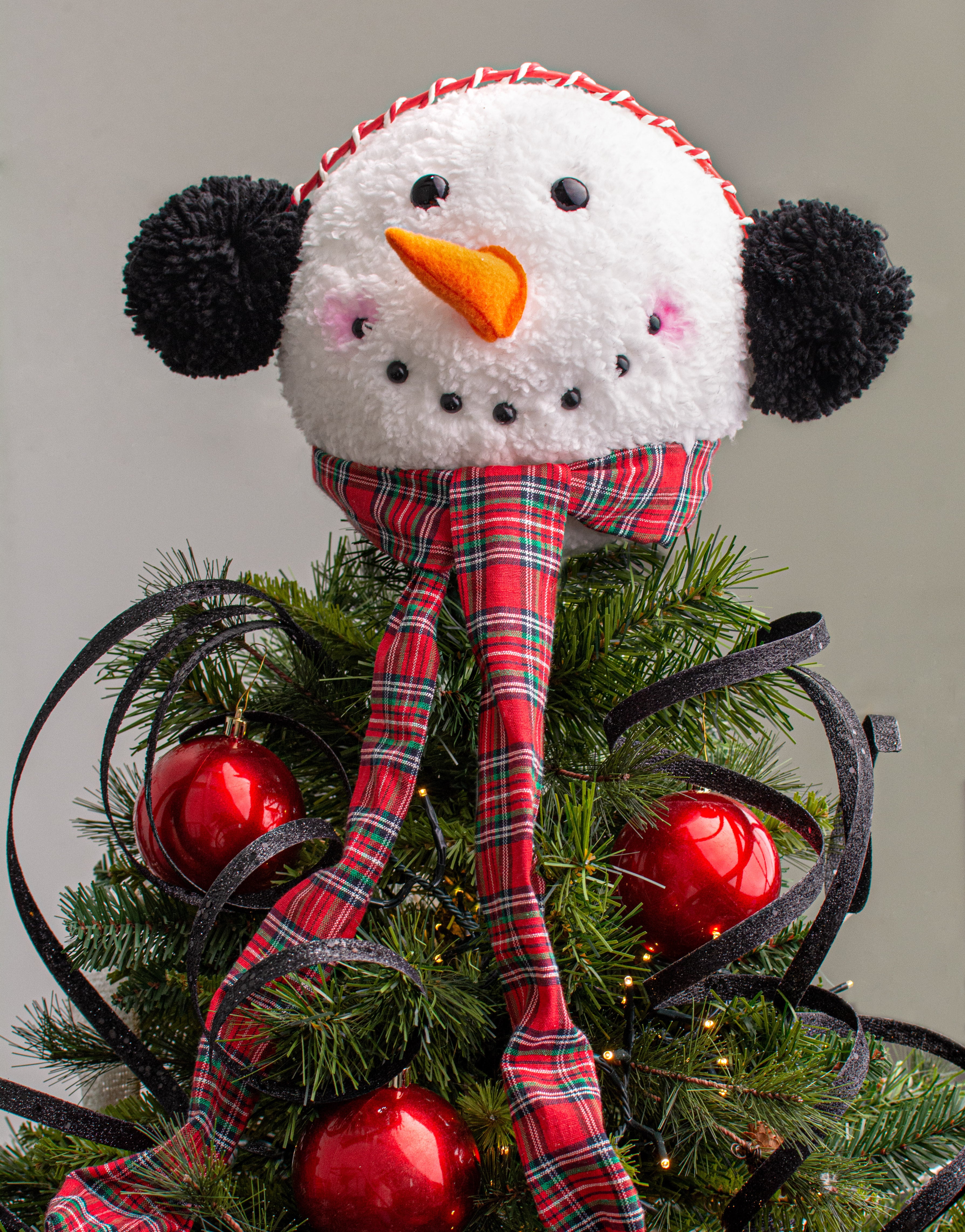 13.5" Snowman Head Tree Topper With Pick: Tartan Plaid