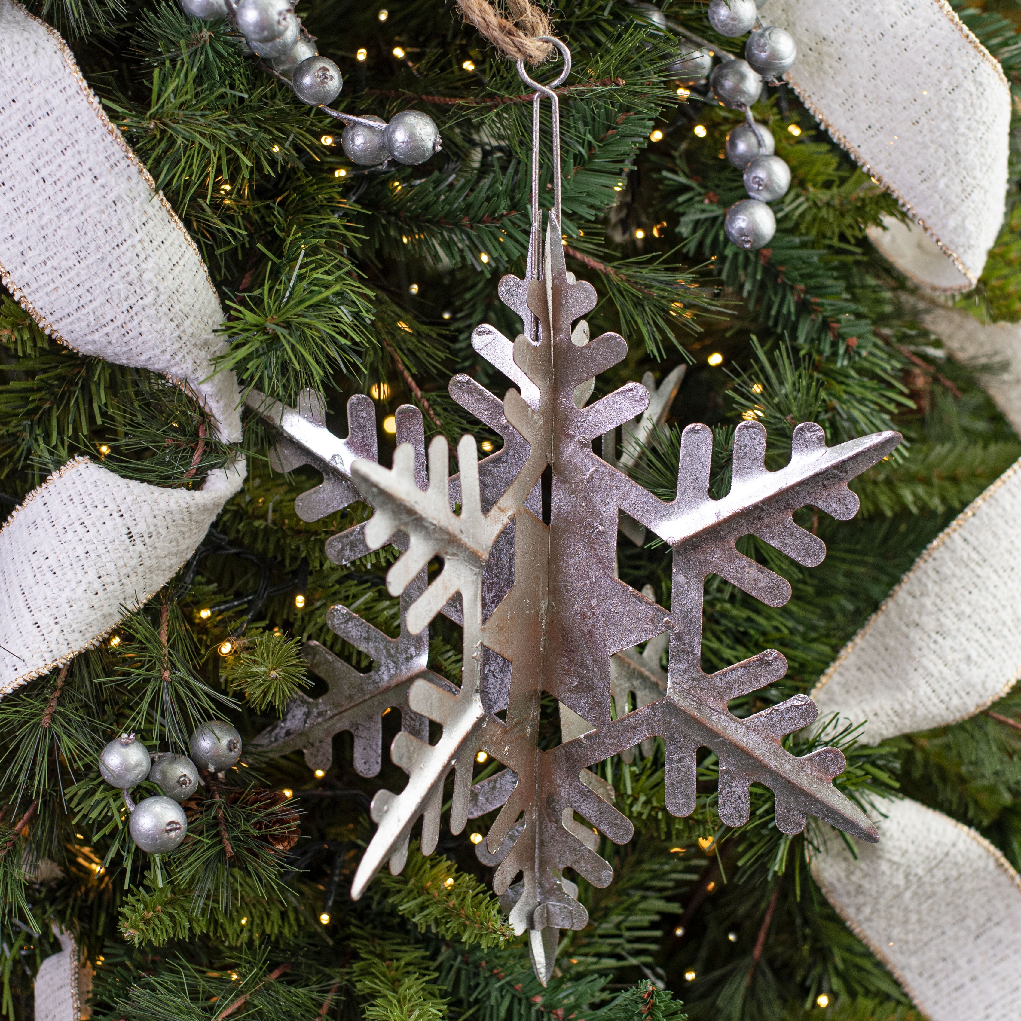 10" Metal 3D Snowflake Ornament: Antique Silver Leaf