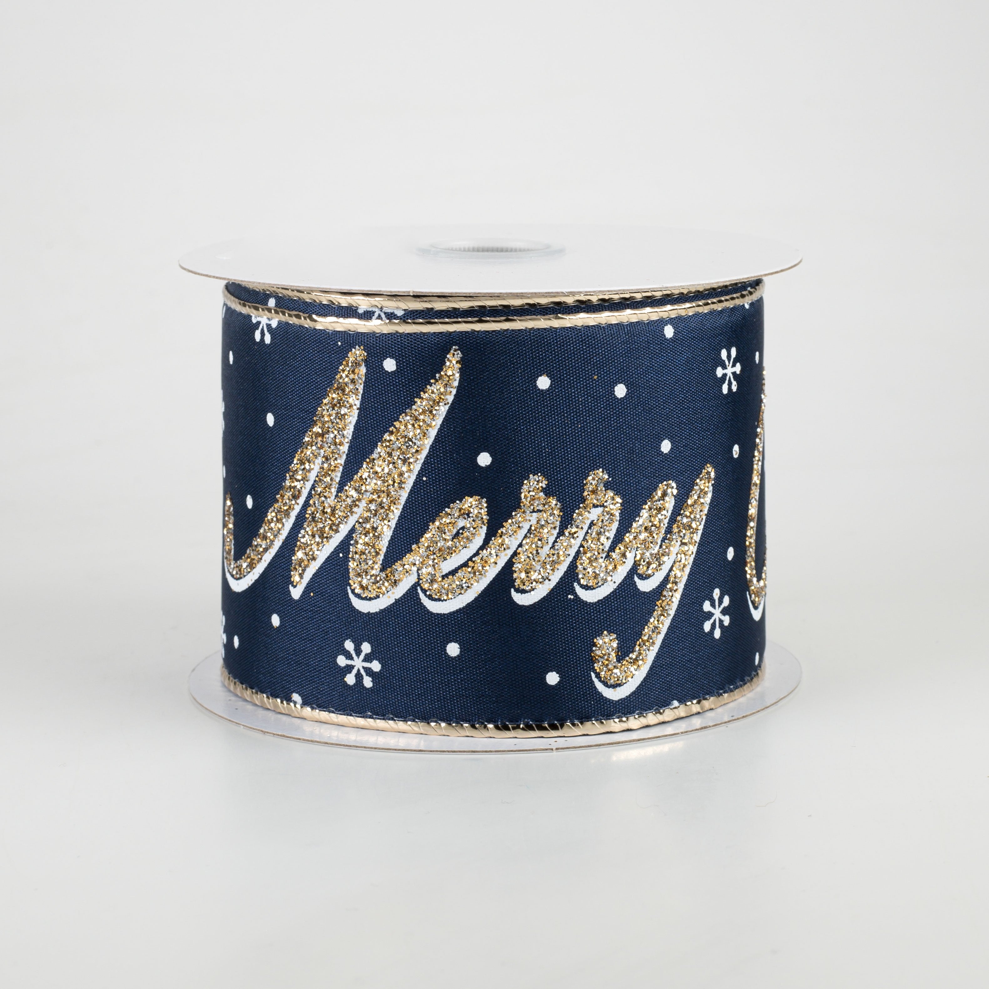 2.5" Glitter Merry Christmas Lettering Ribbon: Navy, Champagne Gold, White (10 Yards)