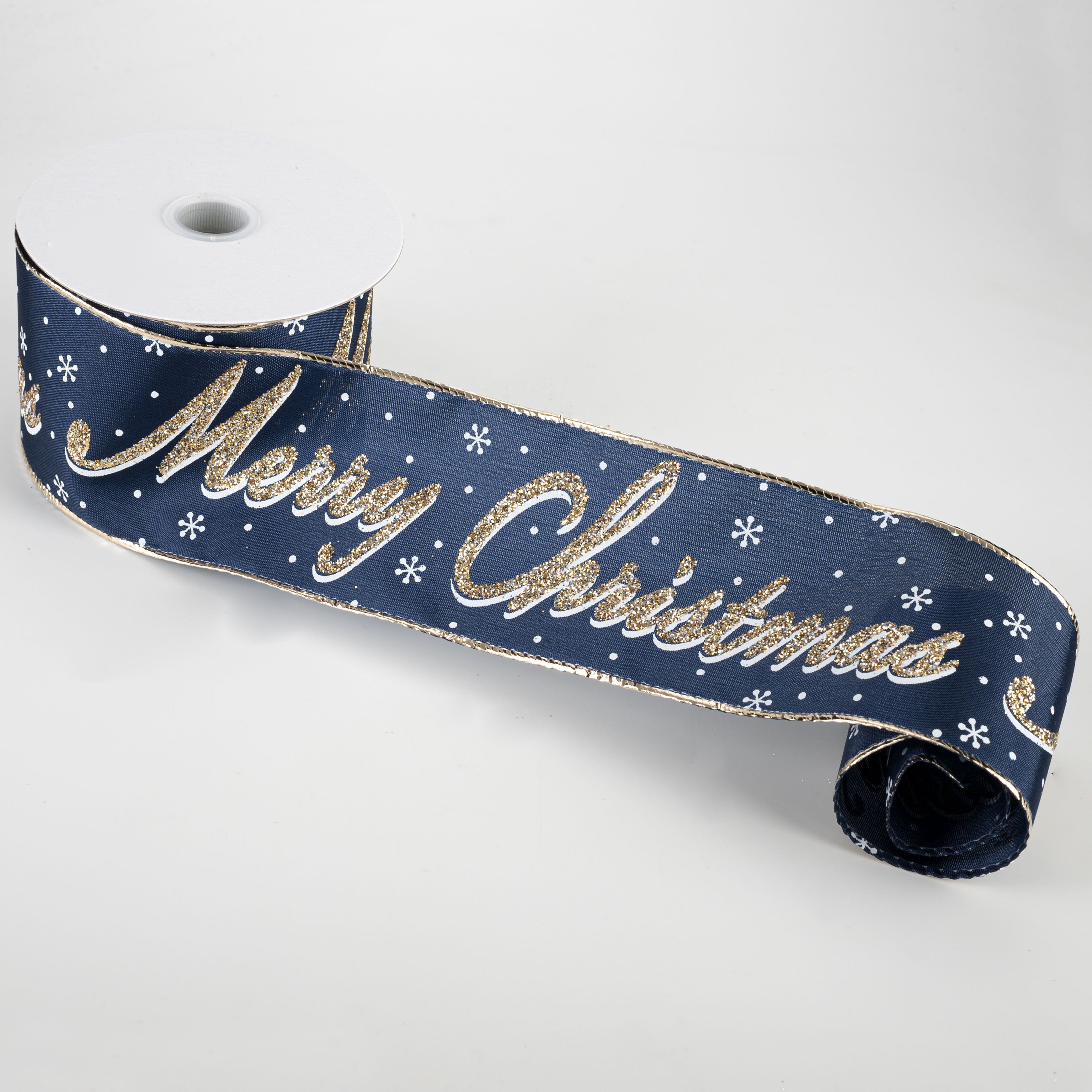 2.5" Glitter Merry Christmas Lettering Ribbon: Navy, Champagne Gold, White (10 Yards)