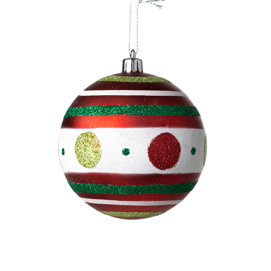100MM Polka Dot Stripe Ball Ornament: Red, Lime, Emerald
