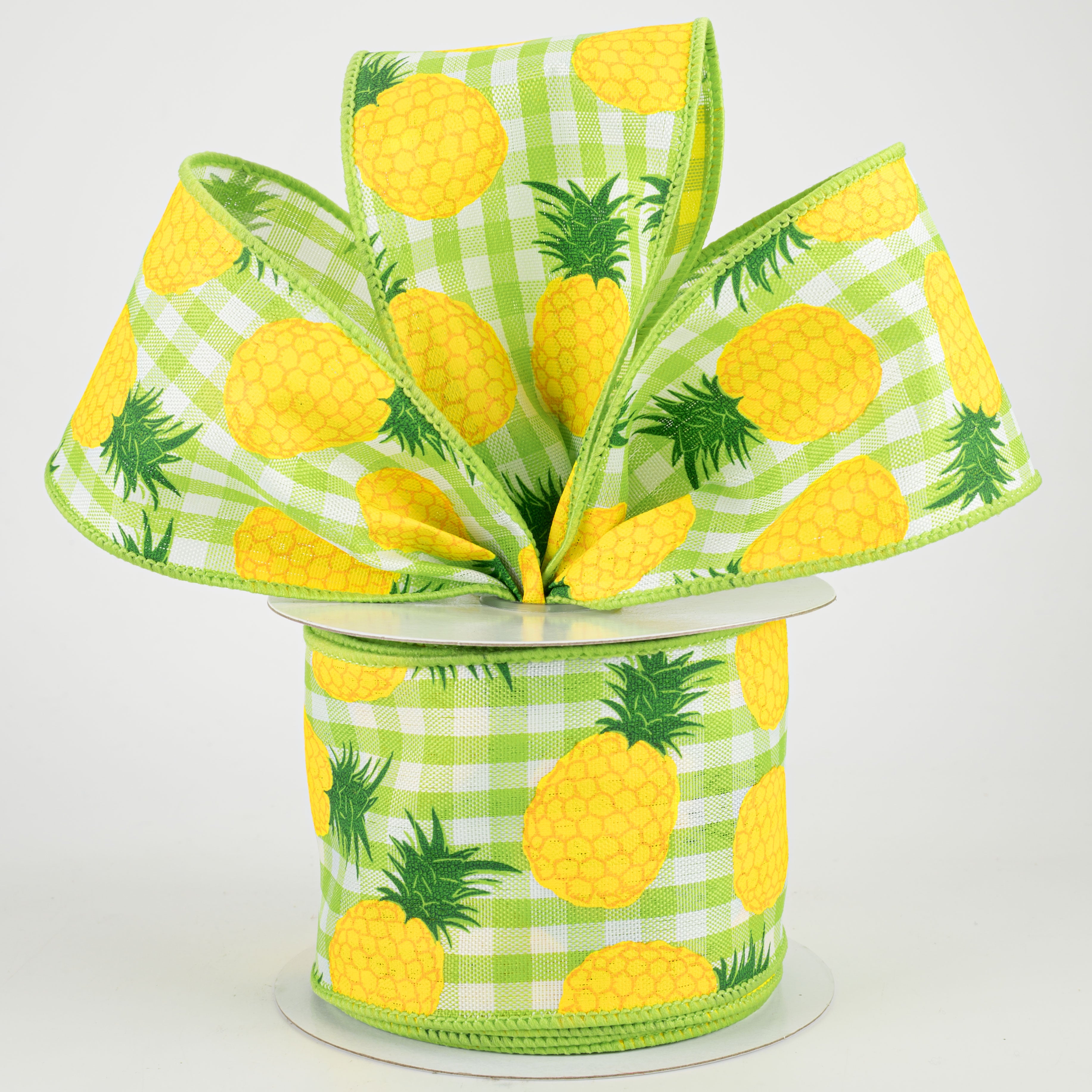 2.5" Pineapples On Check Ribbon: Green, White, Yellow (10 Yards)