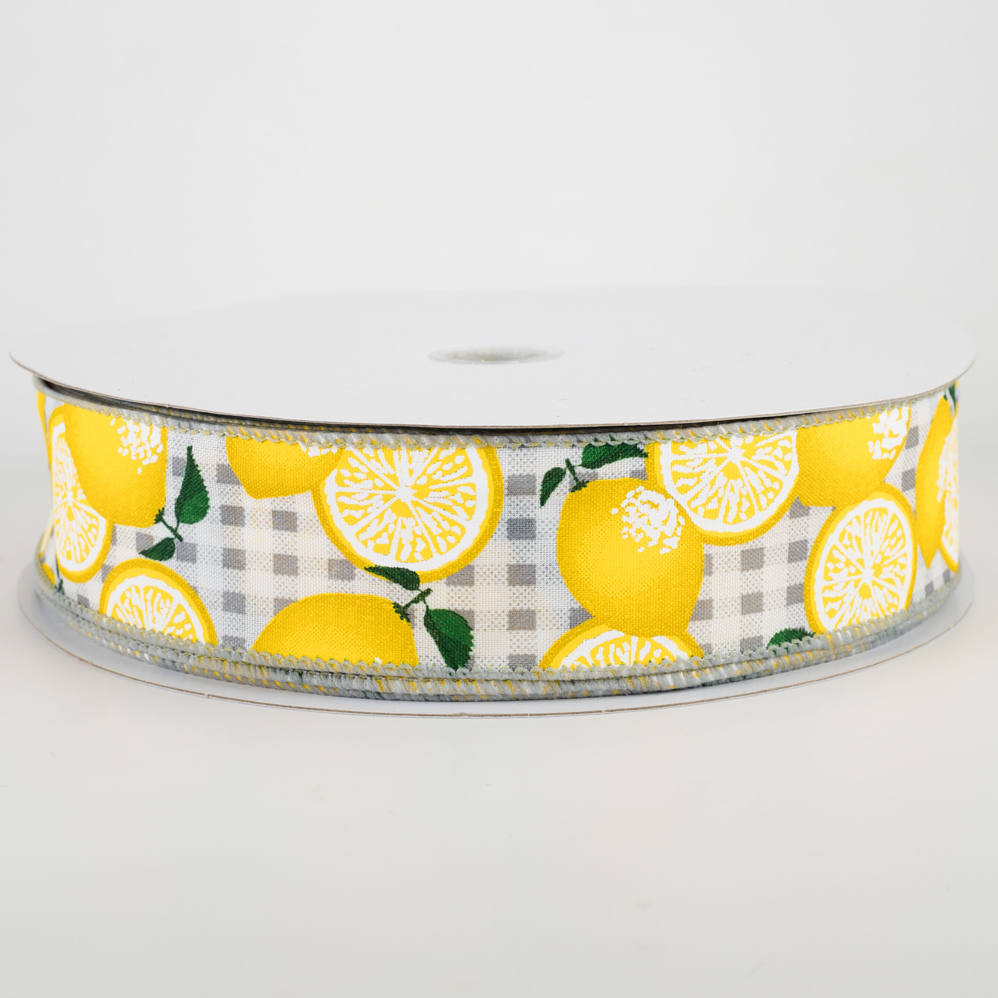 1.5" Gingham Lemons Ribbon: Grey (50 Yards)