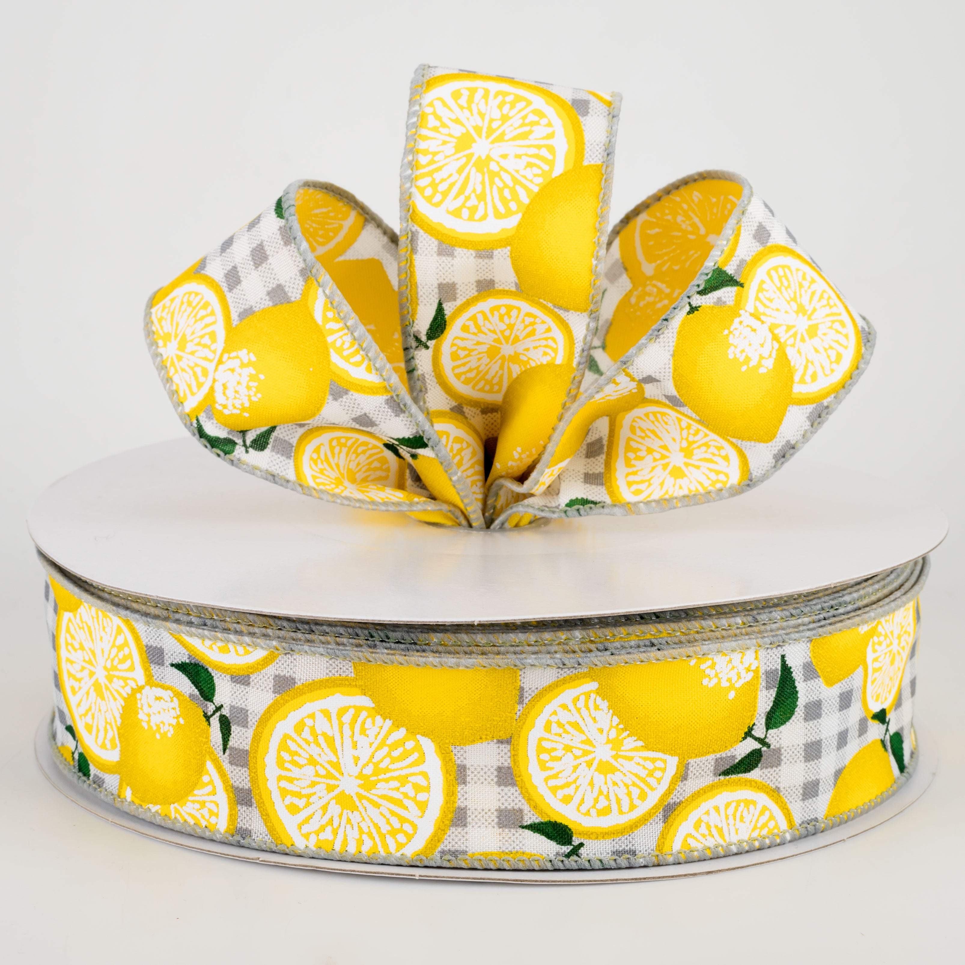 1.5" Gingham Lemons Ribbon: Grey (50 Yards)