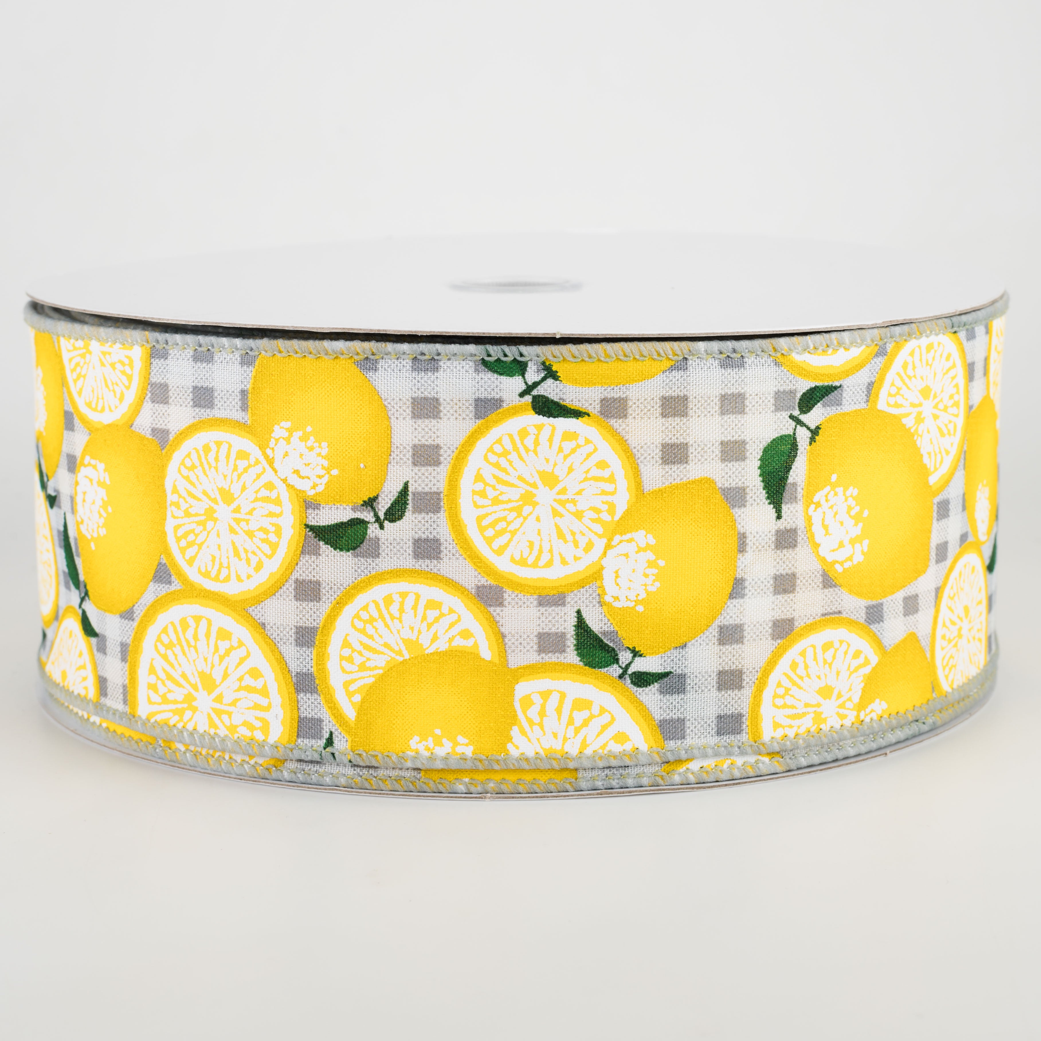 2.5" Gingham Lemons Ribbon: Grey (50 Yards)