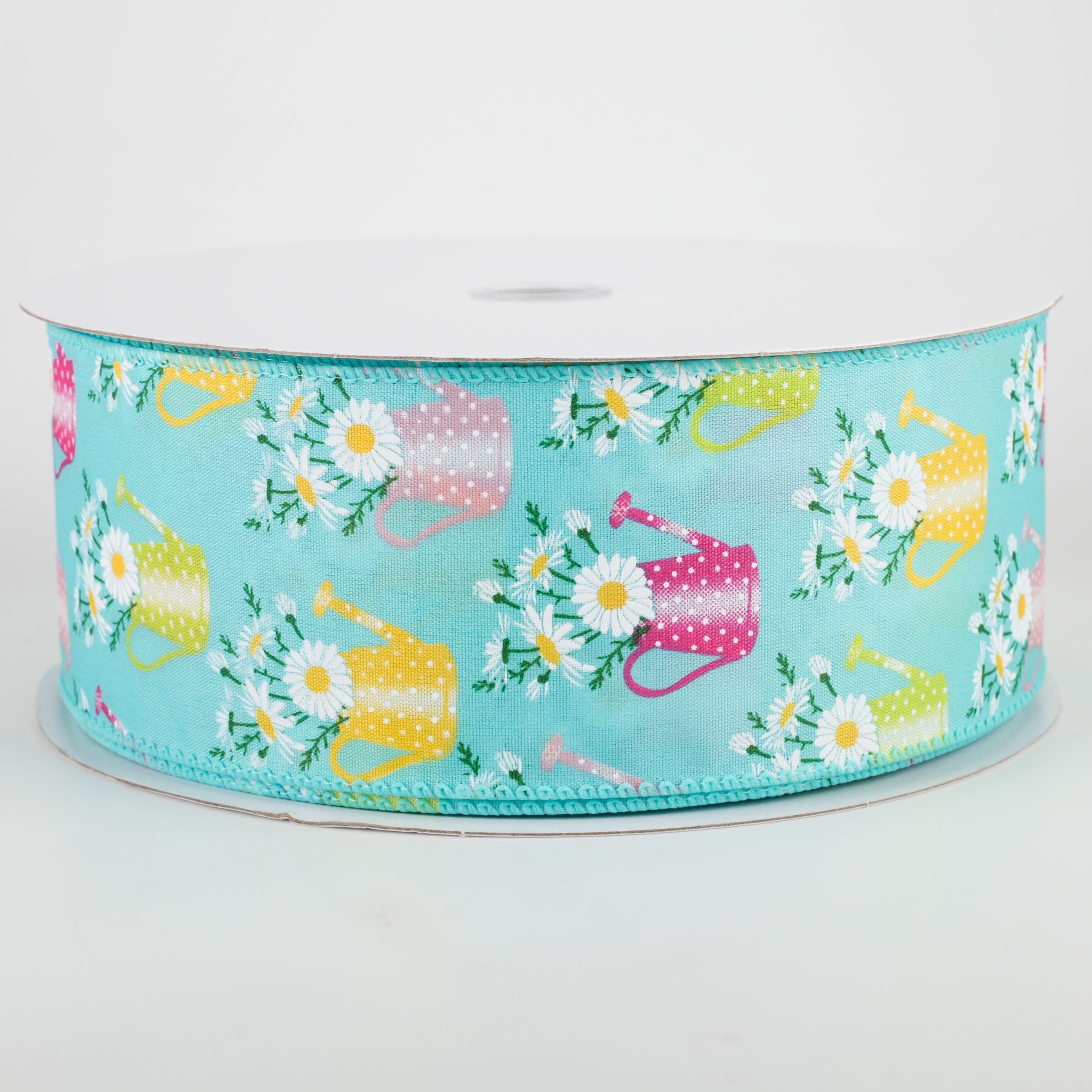2.5" Flower Filled Watering Can Ribbon: Aqua (50 Yards)